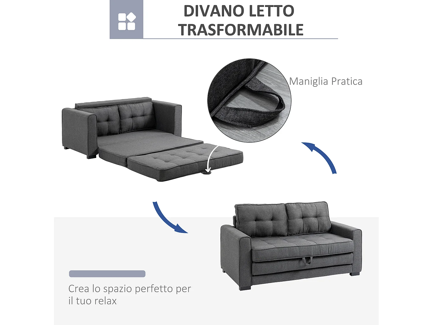 Divano letto 2 posti 151x75x85 cm in tessuto grigio