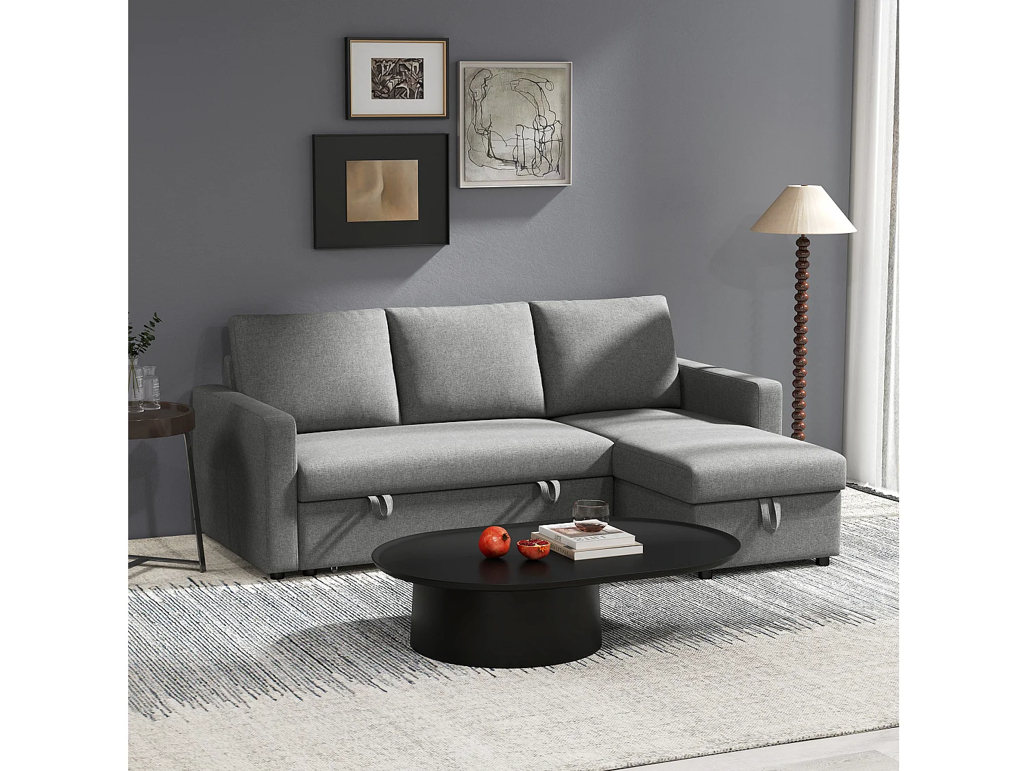 Divano letto 3 posti in tessuto e penisola con vano contenitore