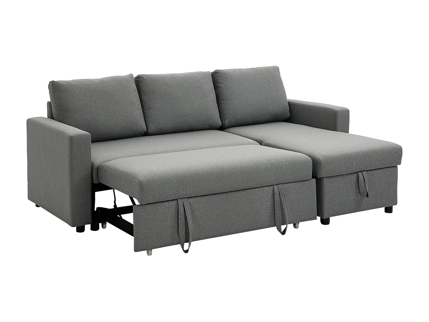 Divano letto 3 posti in tessuto e penisola con vano contenitore