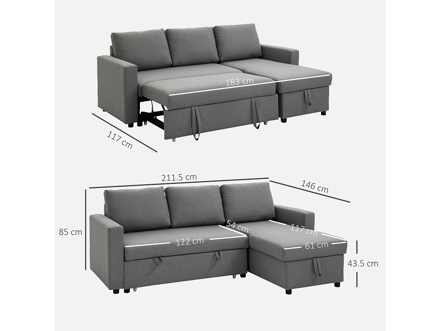 Divano letto 3 posti in tessuto e penisola con vano contenitore