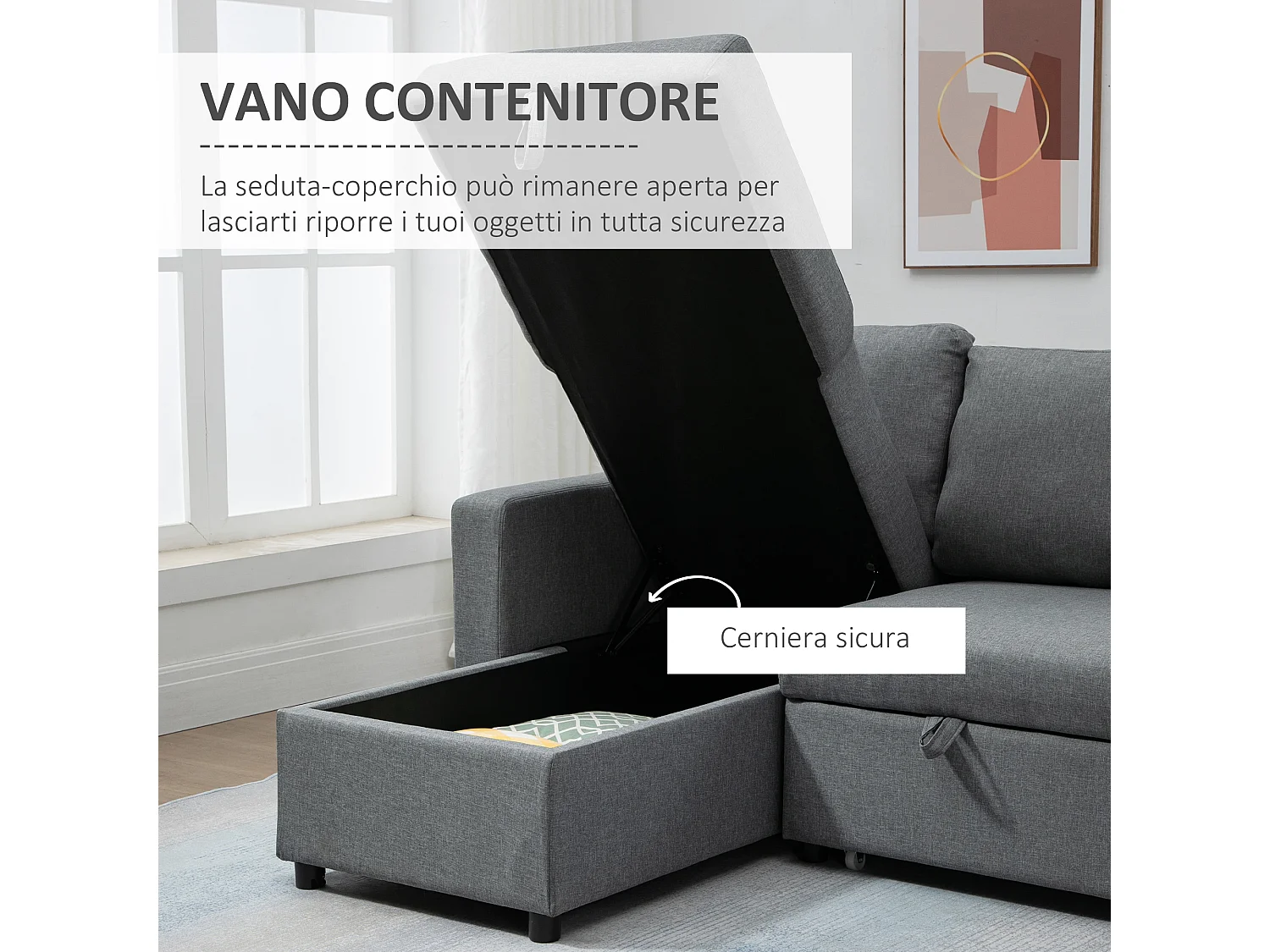 Divano letto 3 posti in tessuto e penisola con vano contenitore