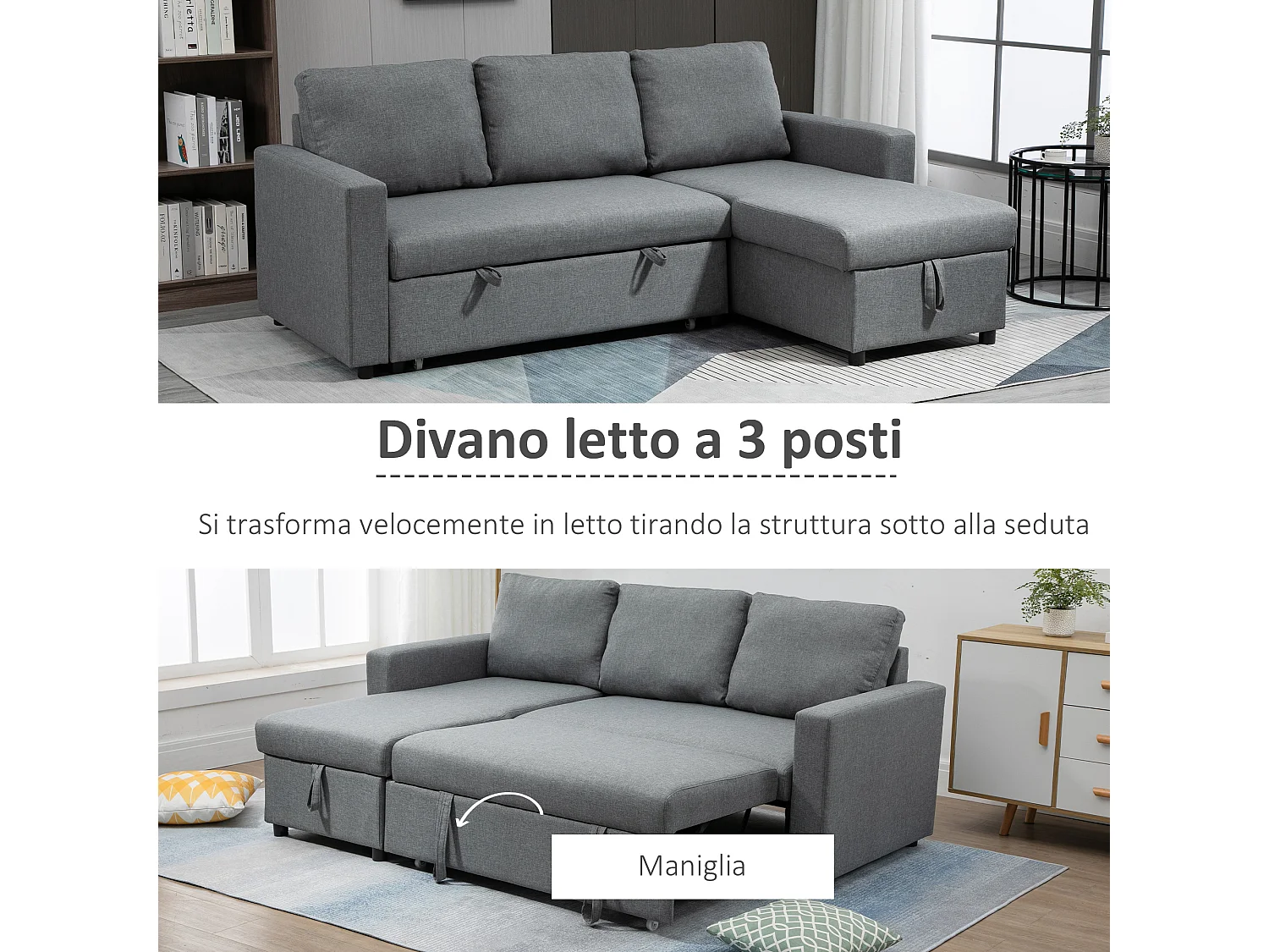 Divano letto 3 posti in tessuto e penisola con vano contenitore