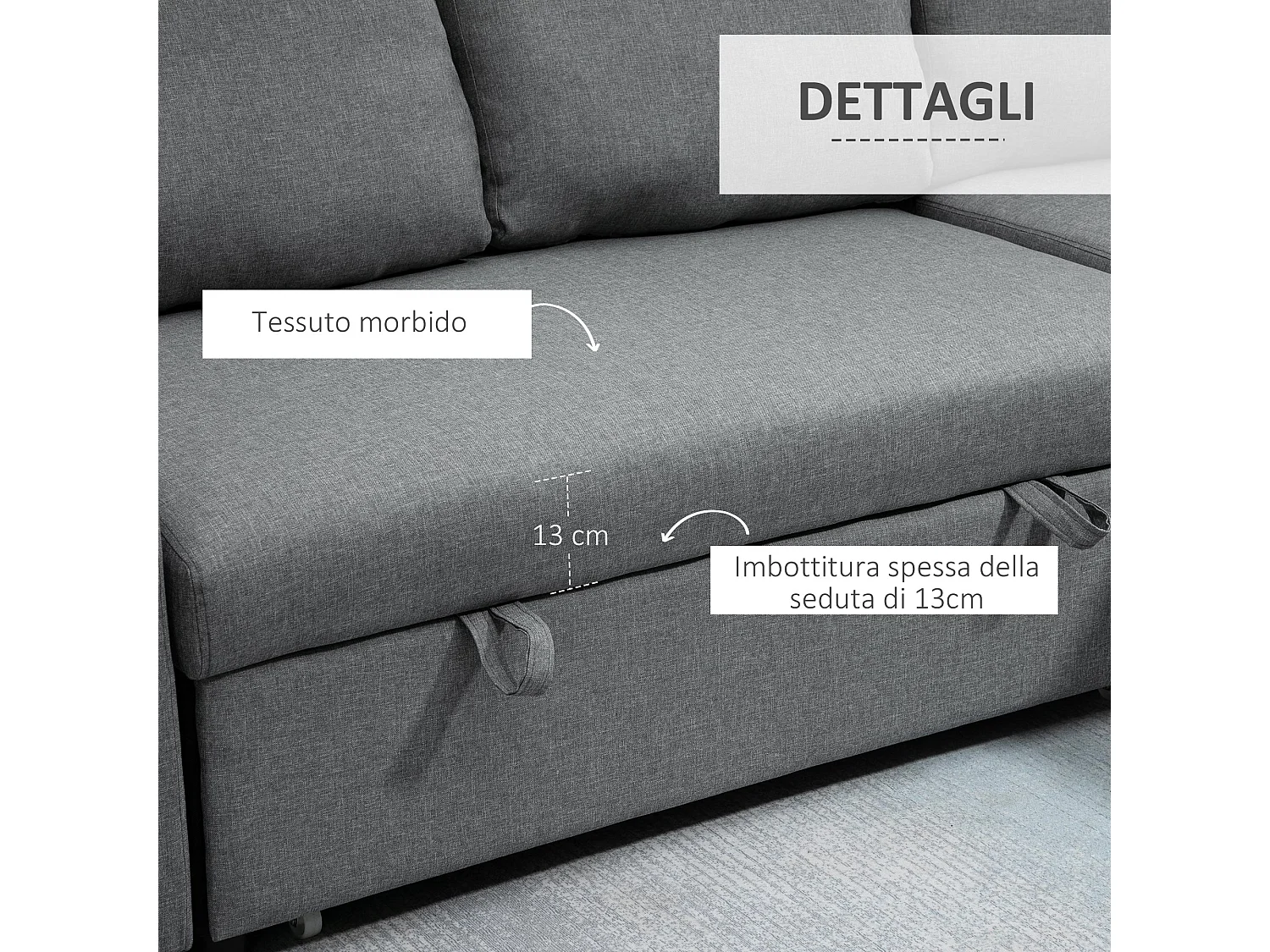 Divano letto 3 posti in tessuto e penisola con vano contenitore