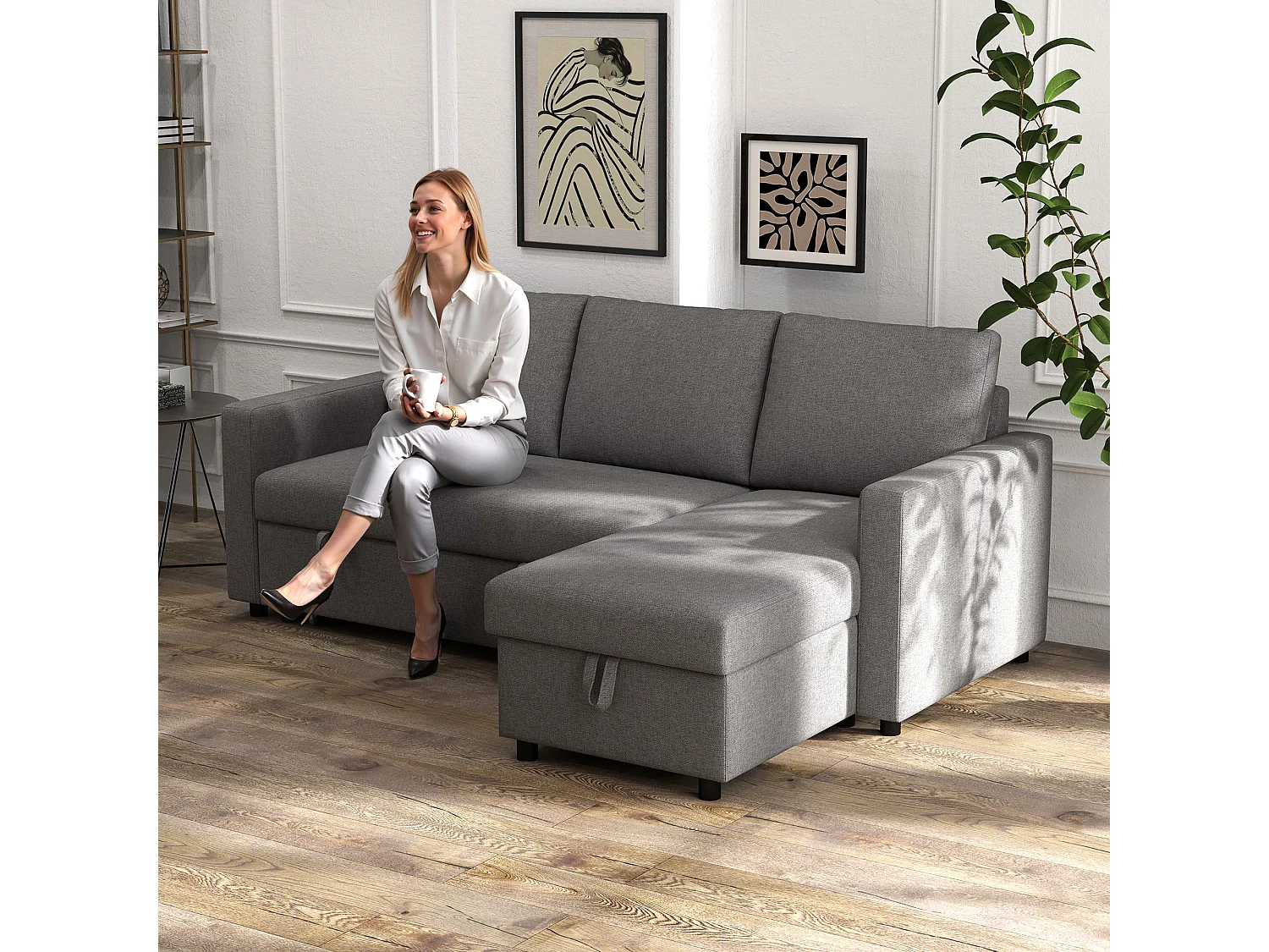 Divano letto 3 posti in tessuto e penisola con vano contenitore