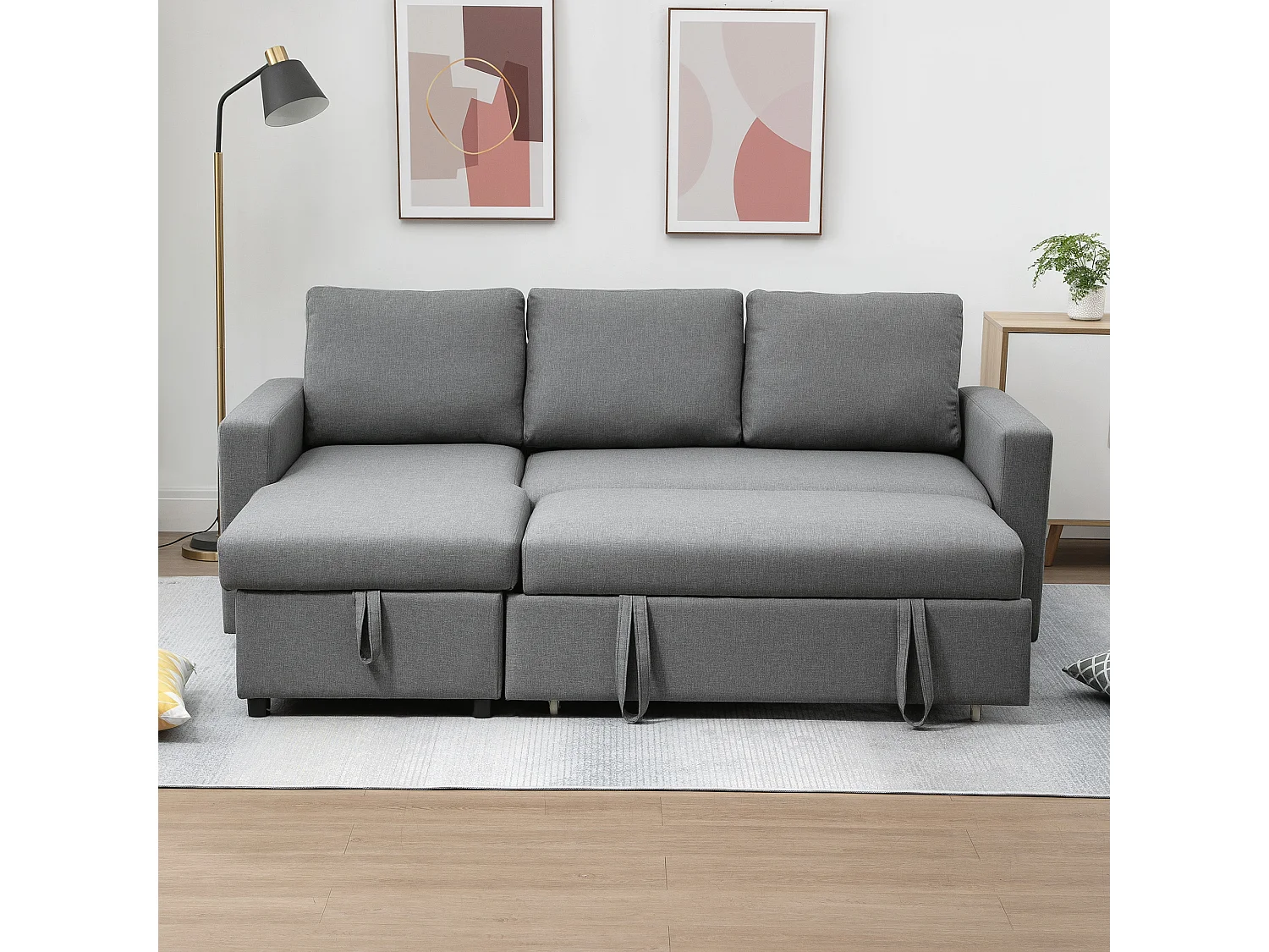 Divano letto 3 posti in tessuto e penisola con vano contenitore