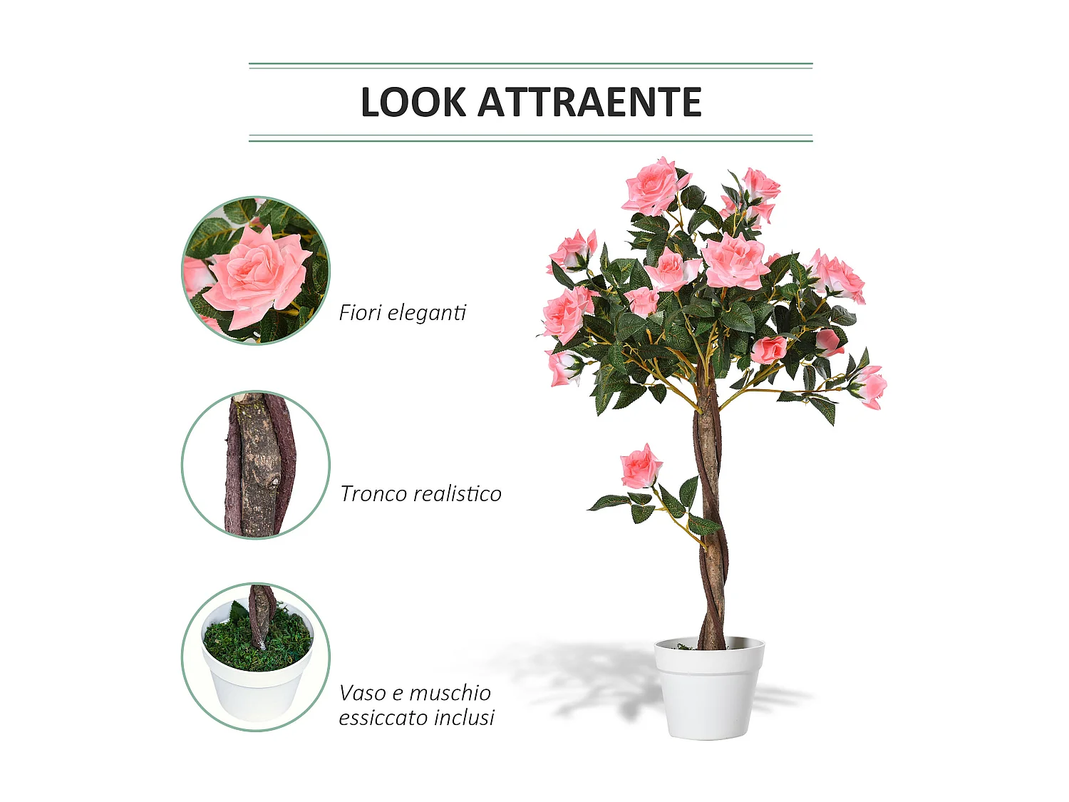 Pianta finta di rosa da 21 fiori Ø18x90 cm con vaso rosa