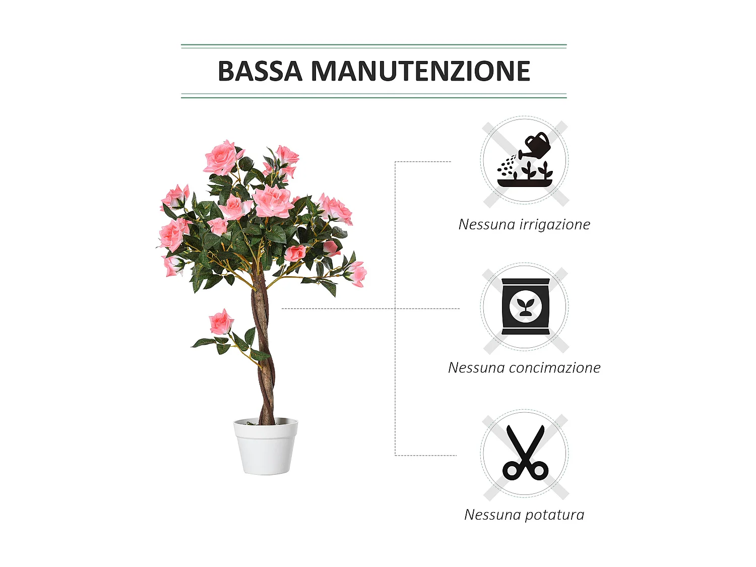 Pianta finta di rosa da 21 fiori Ø18x90 cm con vaso rosa