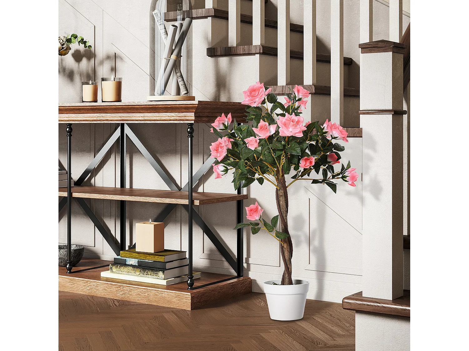 Pianta finta di rosa da 21 fiori Ø18x90 cm con vaso rosa