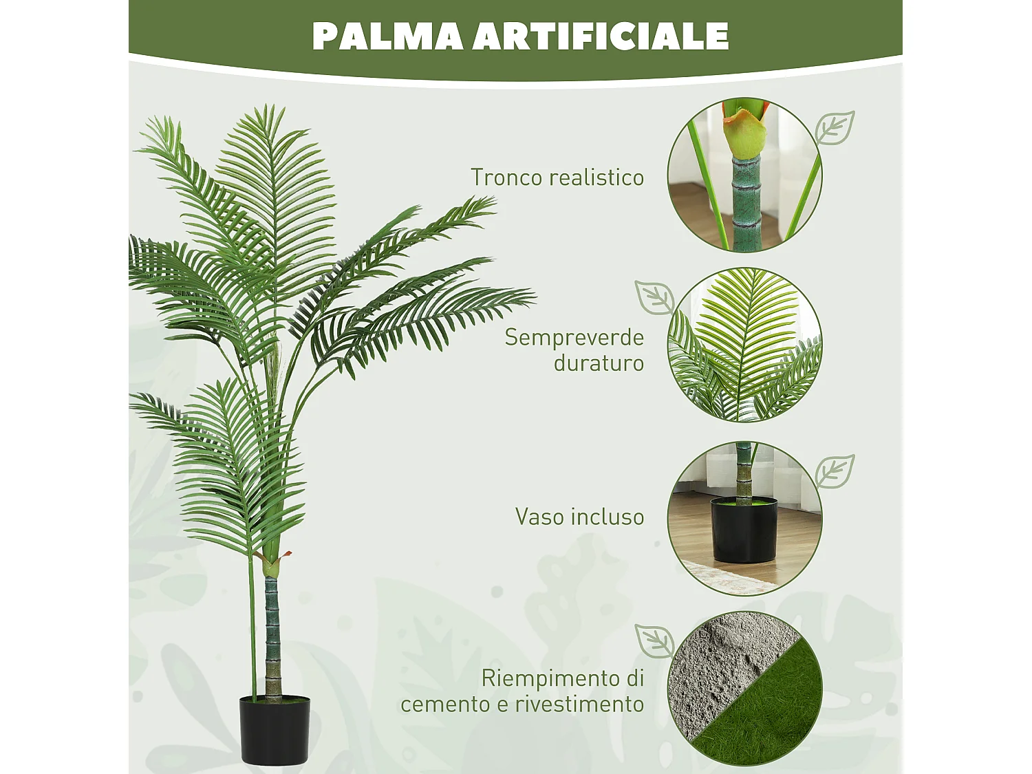 Pianta finta di palma areca per interni alta 150 cm con vaso