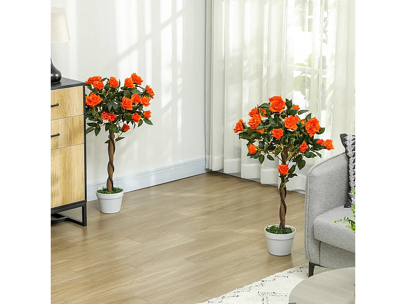 Pianta finta di rosa da 21 fiori Ø18x90 cm arancione con vaso