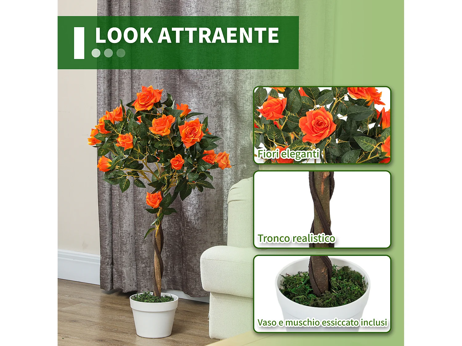 Pianta finta di rosa da 21 fiori Ø18x90 cm arancione con vaso