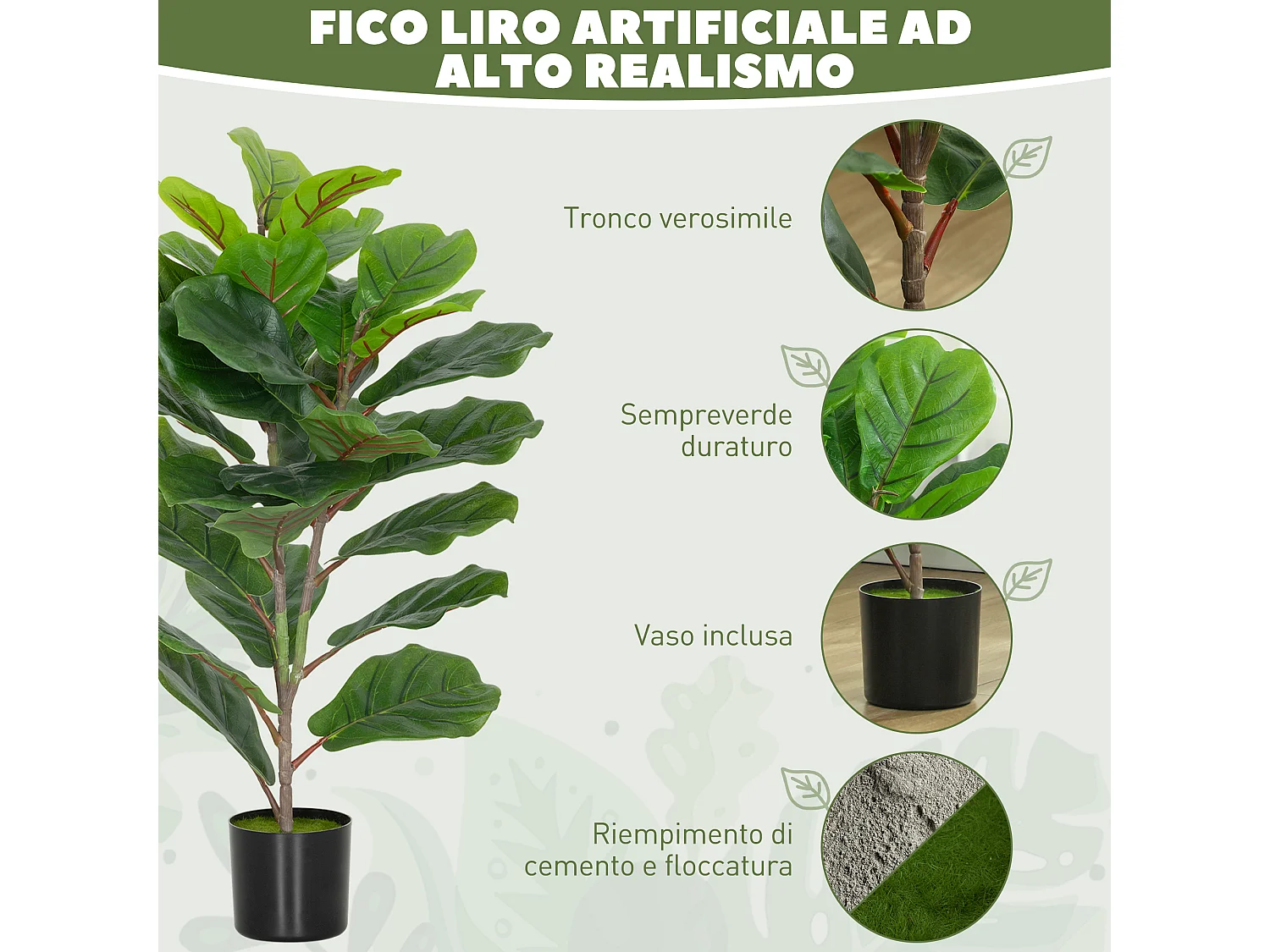 Pianta finta di ficus lyrata per interni alta 80 cm con vaso