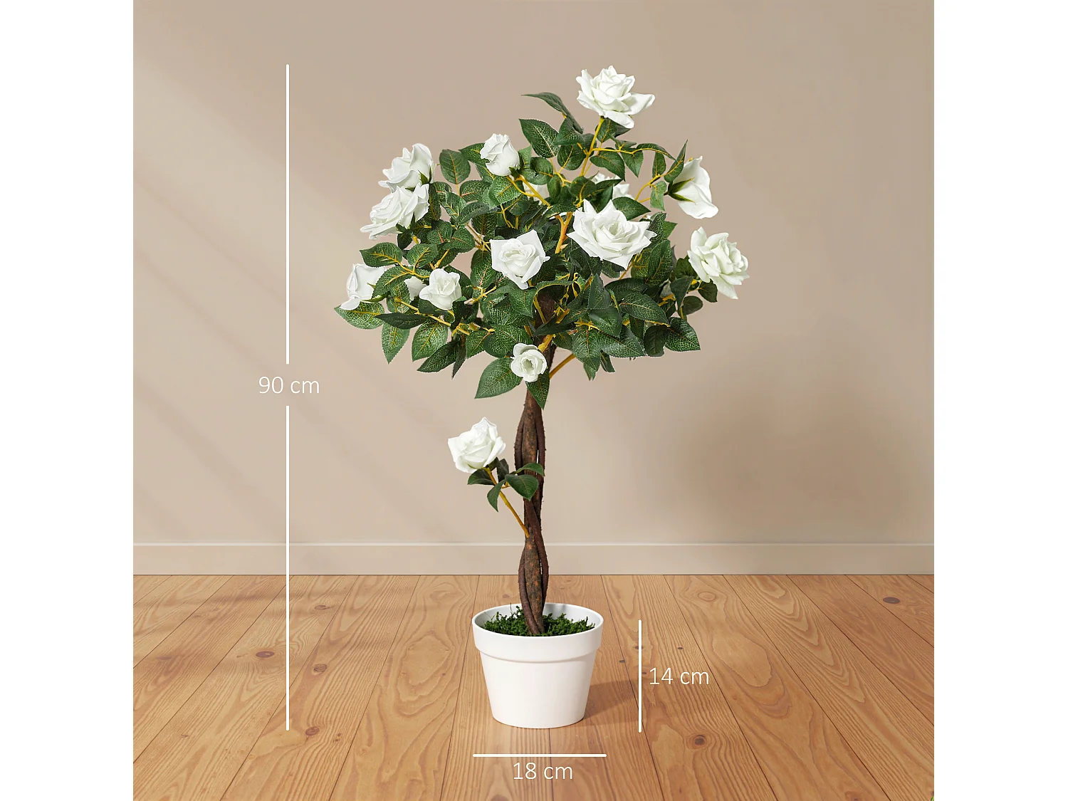 Rosa alberello artificiale con fiori e vaso in pe bianco e verde