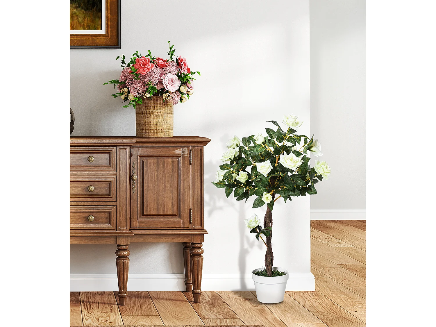 Rosa alberello artificiale con fiori e vaso in pe bianco e verde