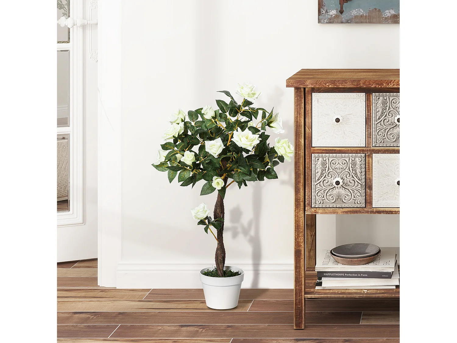 Rosa alberello artificiale con fiori e vaso in pe bianco e verde