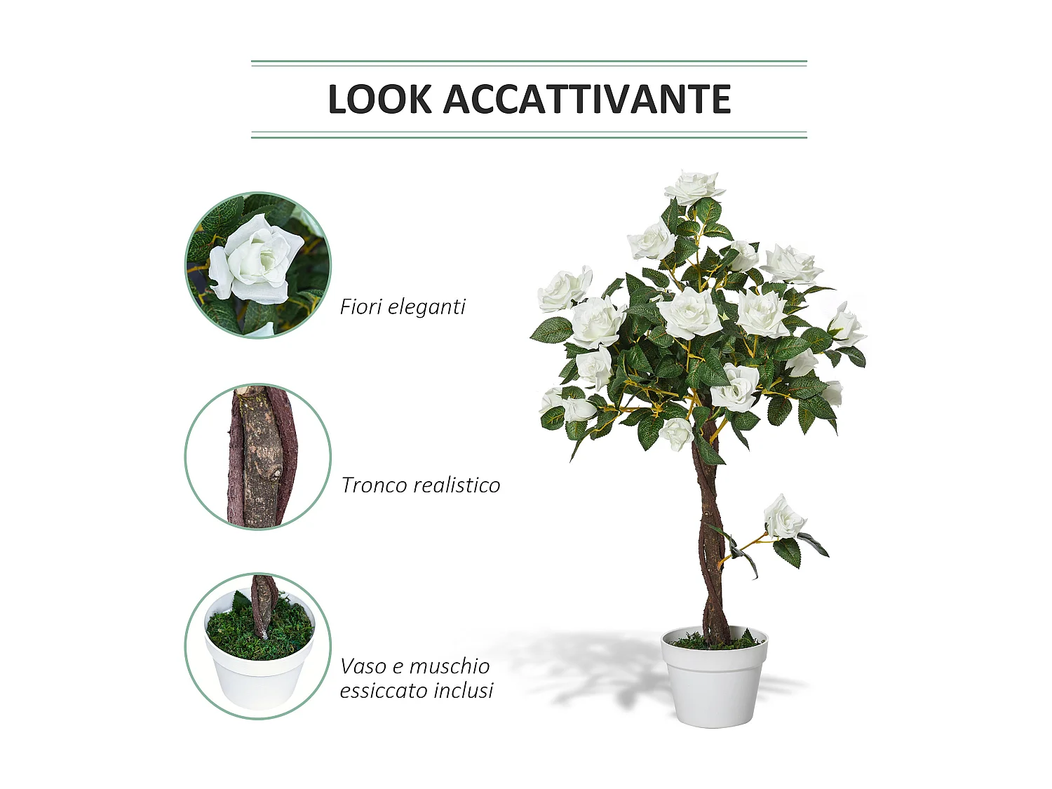 Rosa alberello artificiale con fiori e vaso in pe bianco e verde