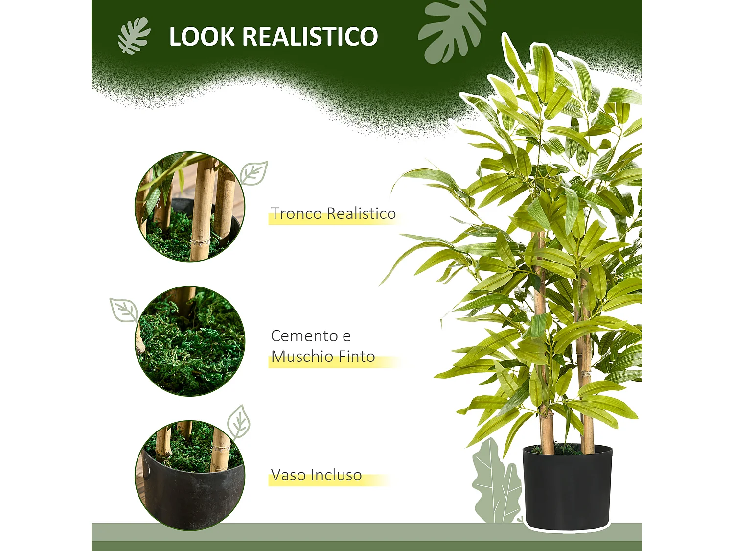 Pianta di bambu artificiale da 60 cm con vaso in cemento Ø15x12.5 cm