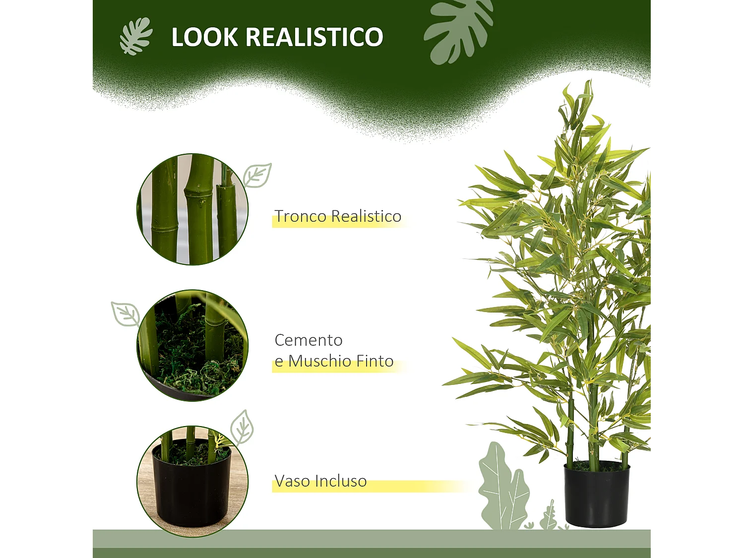 Pianta di bambu artificiale da 90 cm con vaso in cemento Ø15x12.5 cm