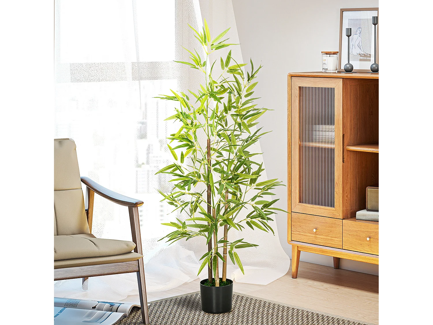 Set 2 Piante di bambù finte da 120 cm a 3 tronchi con vaso