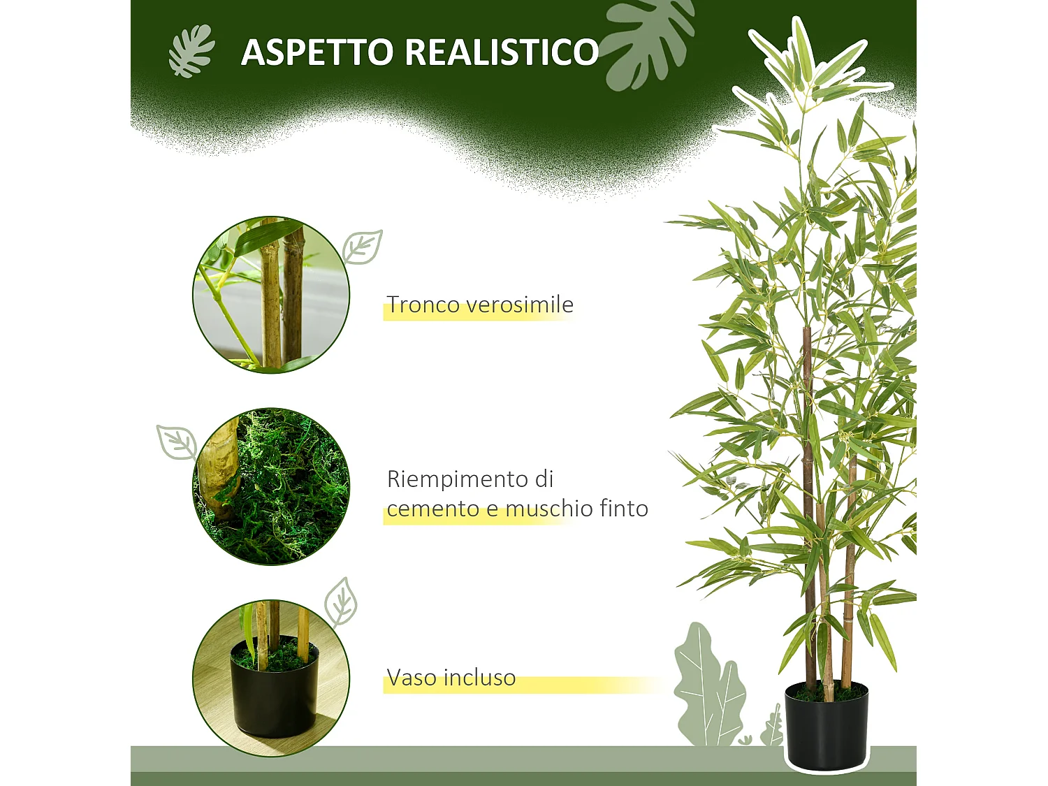 Set 2 Piante di bambù finte da 120 cm a 3 tronchi con vaso