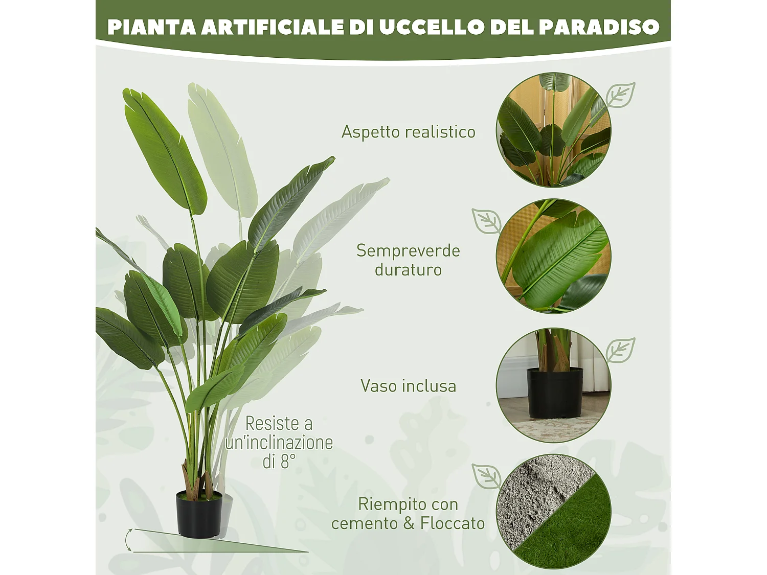 Pianta artificiale da 160 cm a 10 foglie in peva verde con vaso
