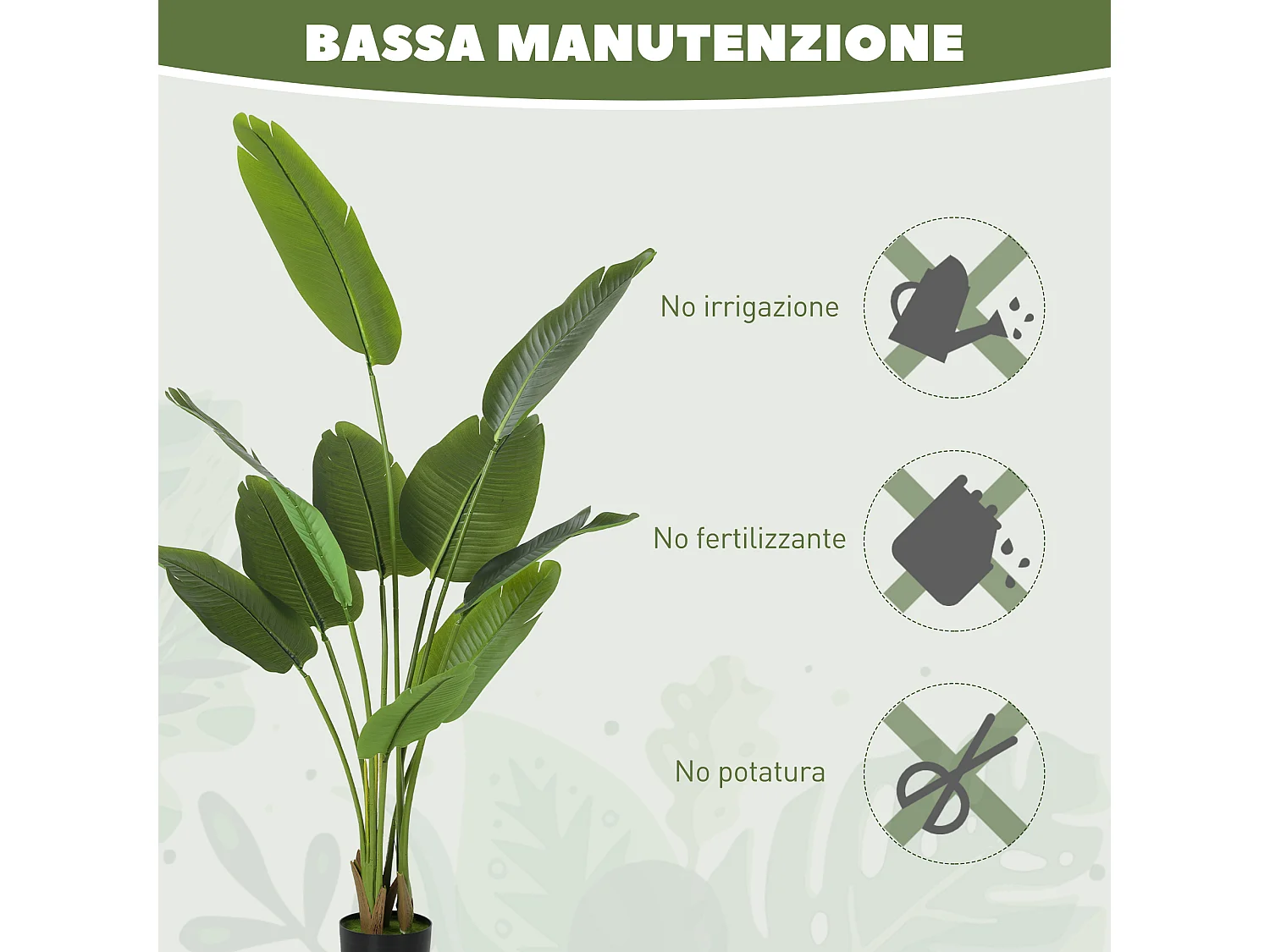 Pianta artificiale da 160 cm a 10 foglie in peva verde con vaso
