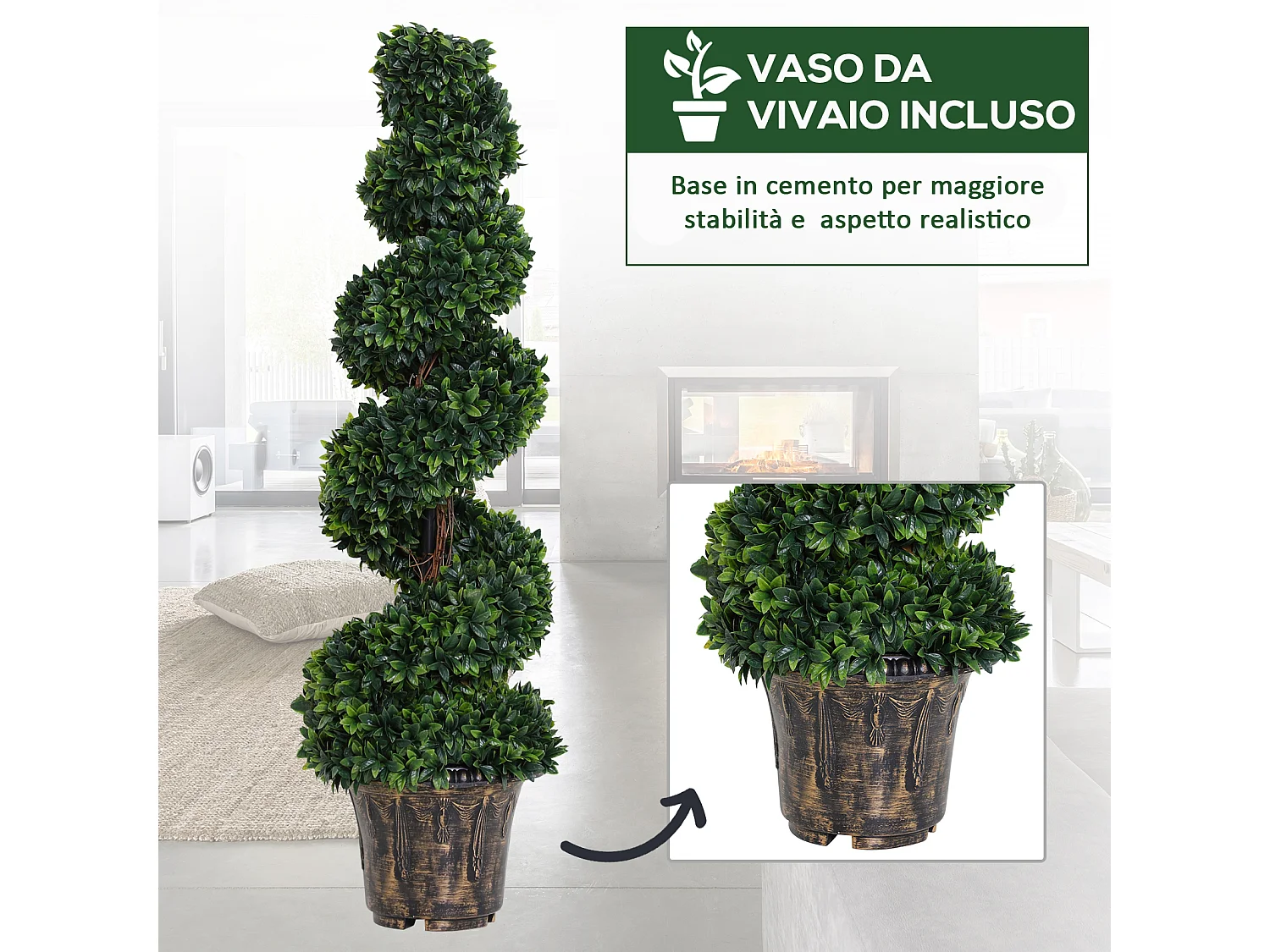 Set 2 piante finte di bosso a spirale da interni ed esterni con vaso