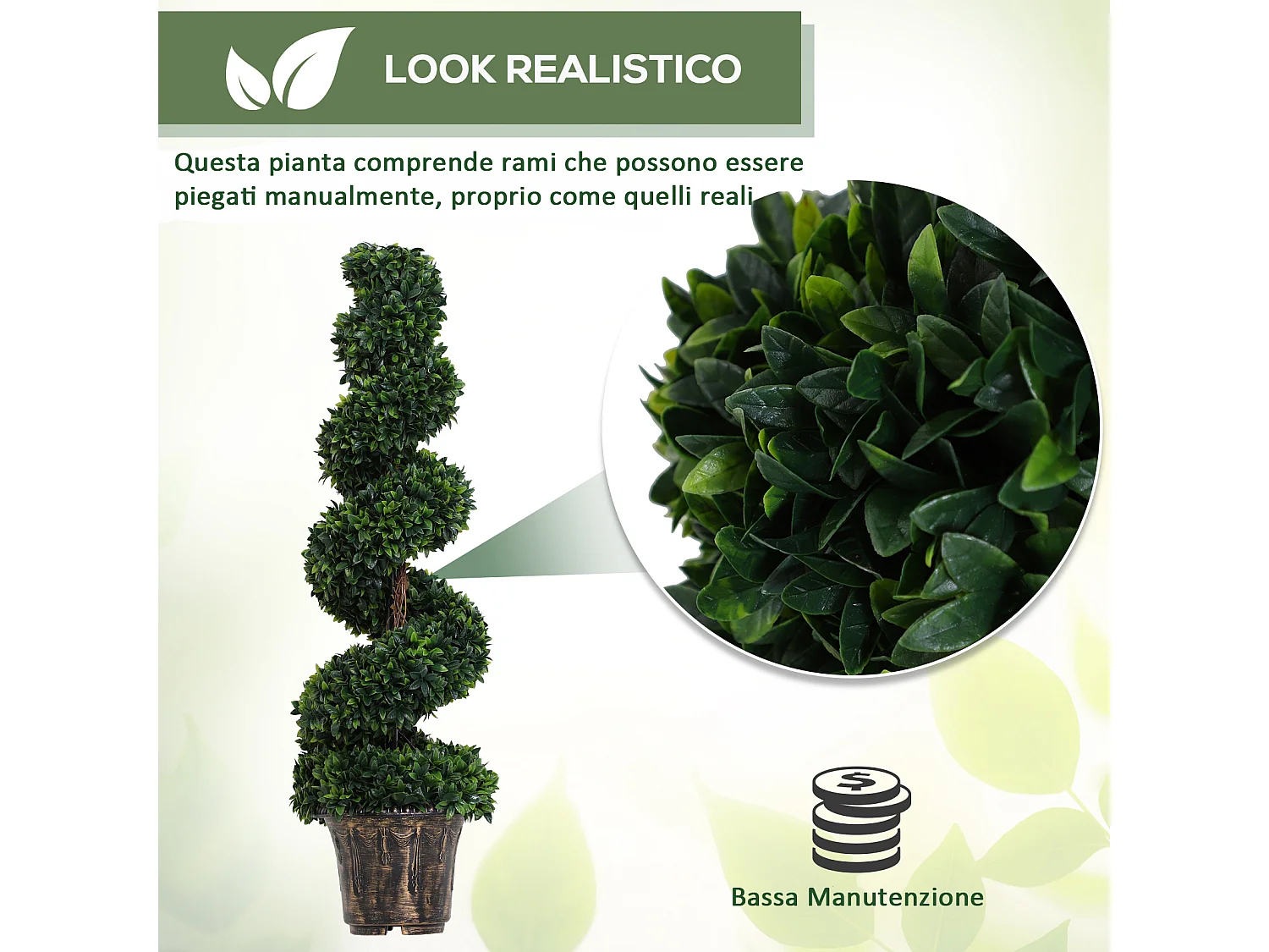 Set 2 piante finte di bosso a spirale da interni ed esterni con vaso