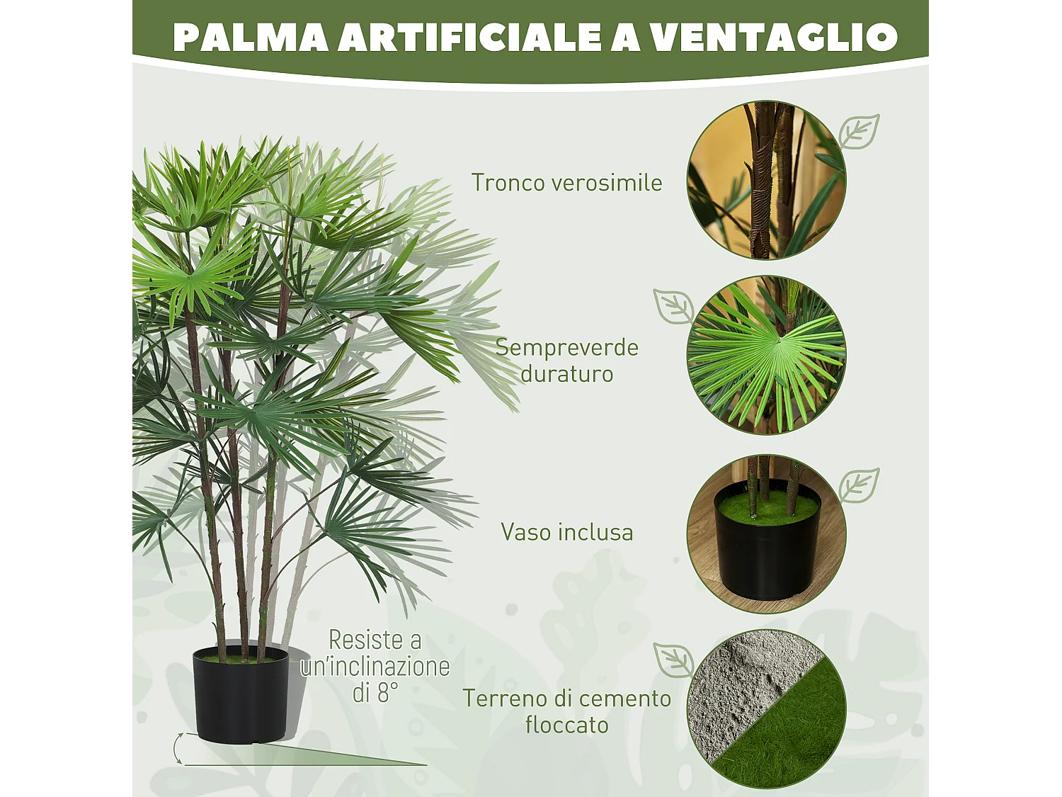 Palma artificiale da 90 cm in plastica verde con vaso da Ø16.5x13.5 cm