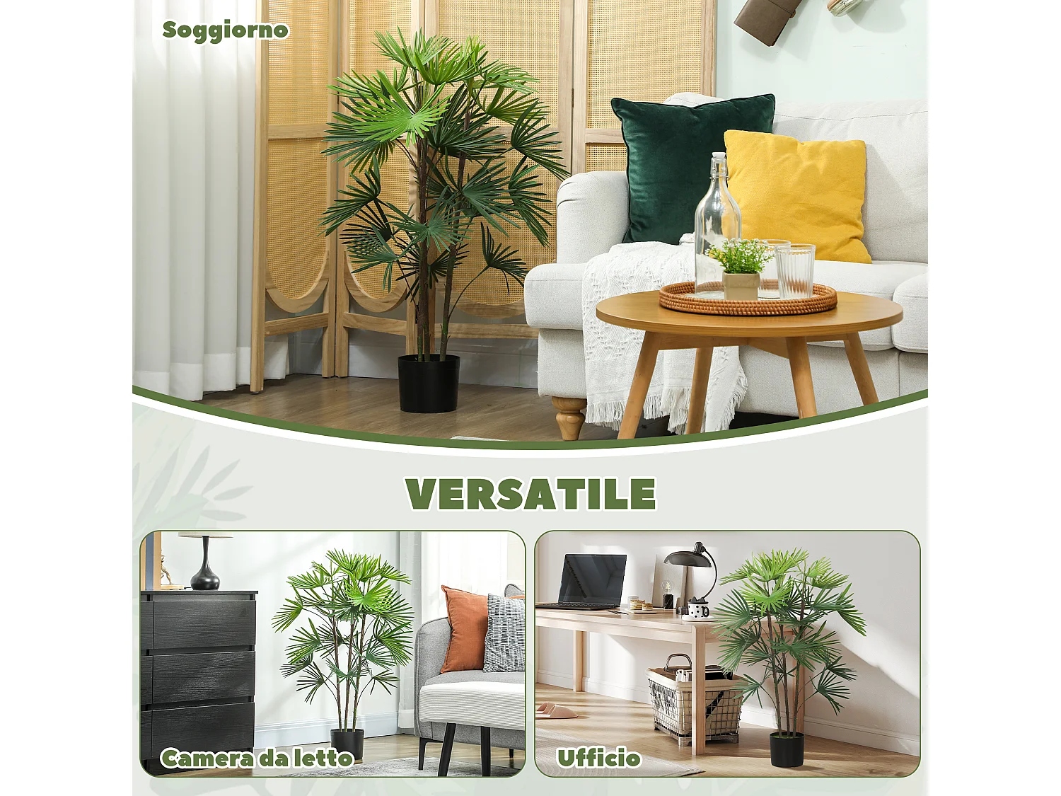 Palma artificiale da 90 cm in plastica verde con vaso da Ø16.5x13.5 cm