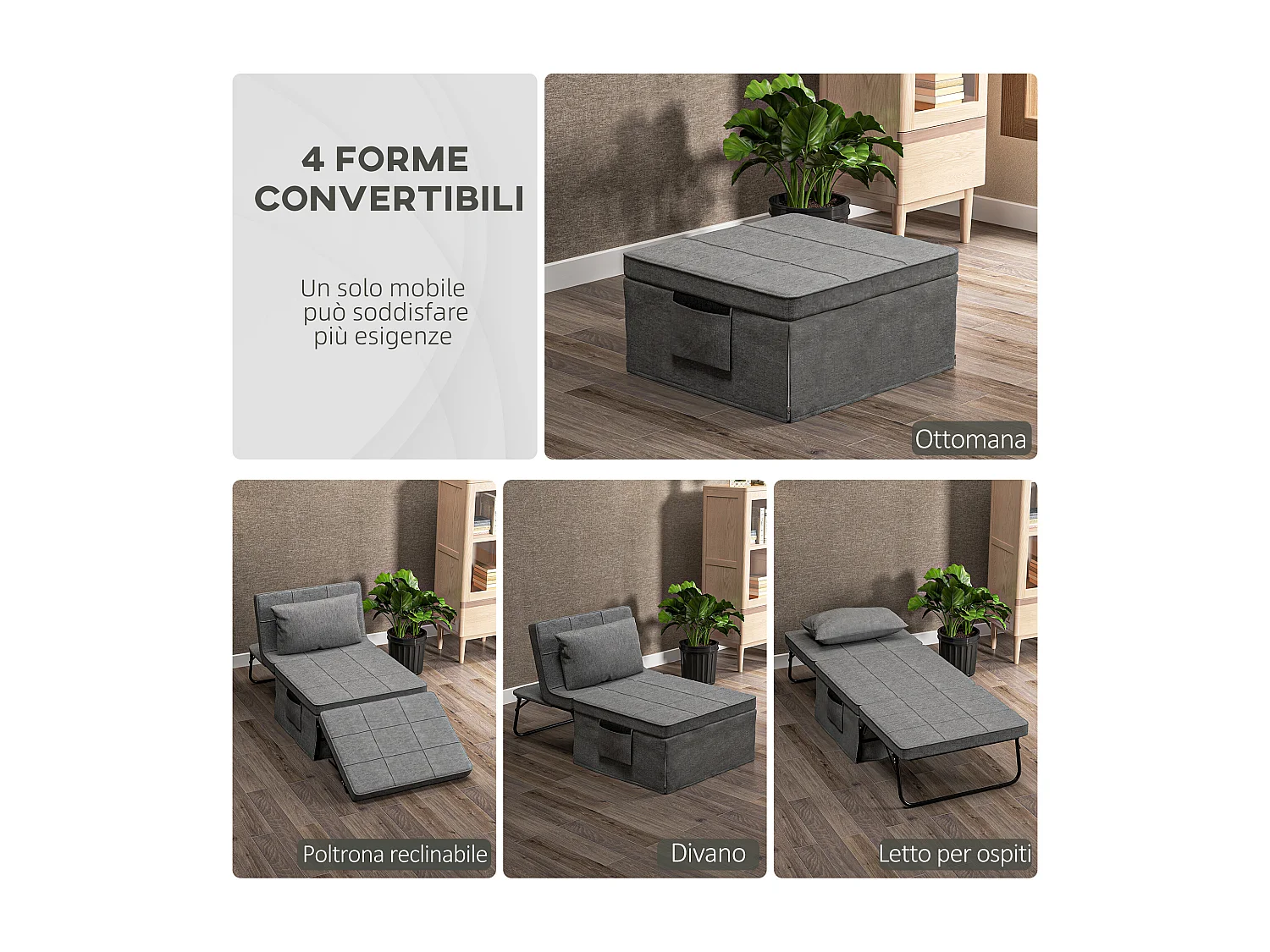 Pouf letto pieghevole multiuso con schienale reclinabile grigio