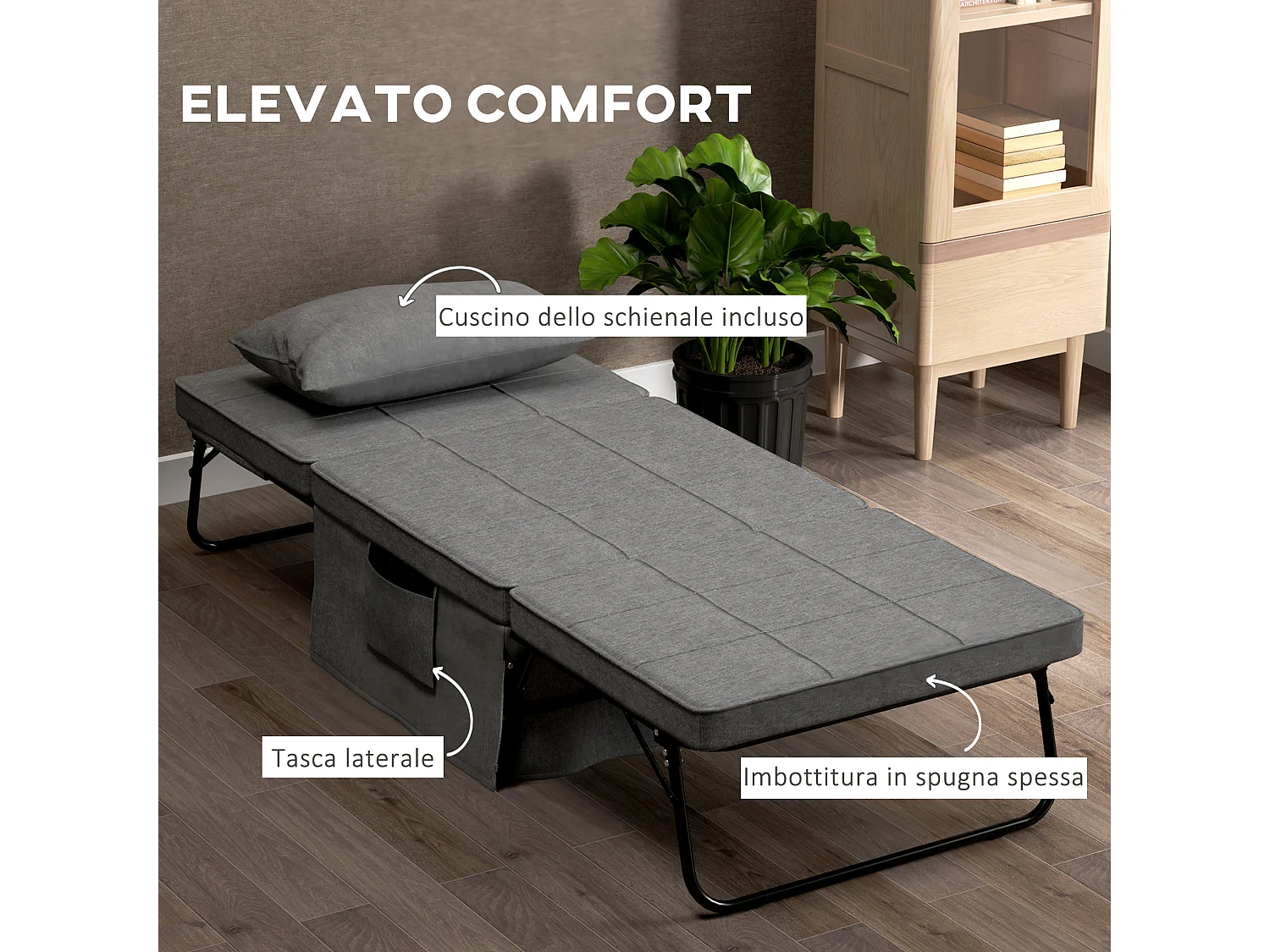 Pouf letto pieghevole multiuso con schienale reclinabile grigio