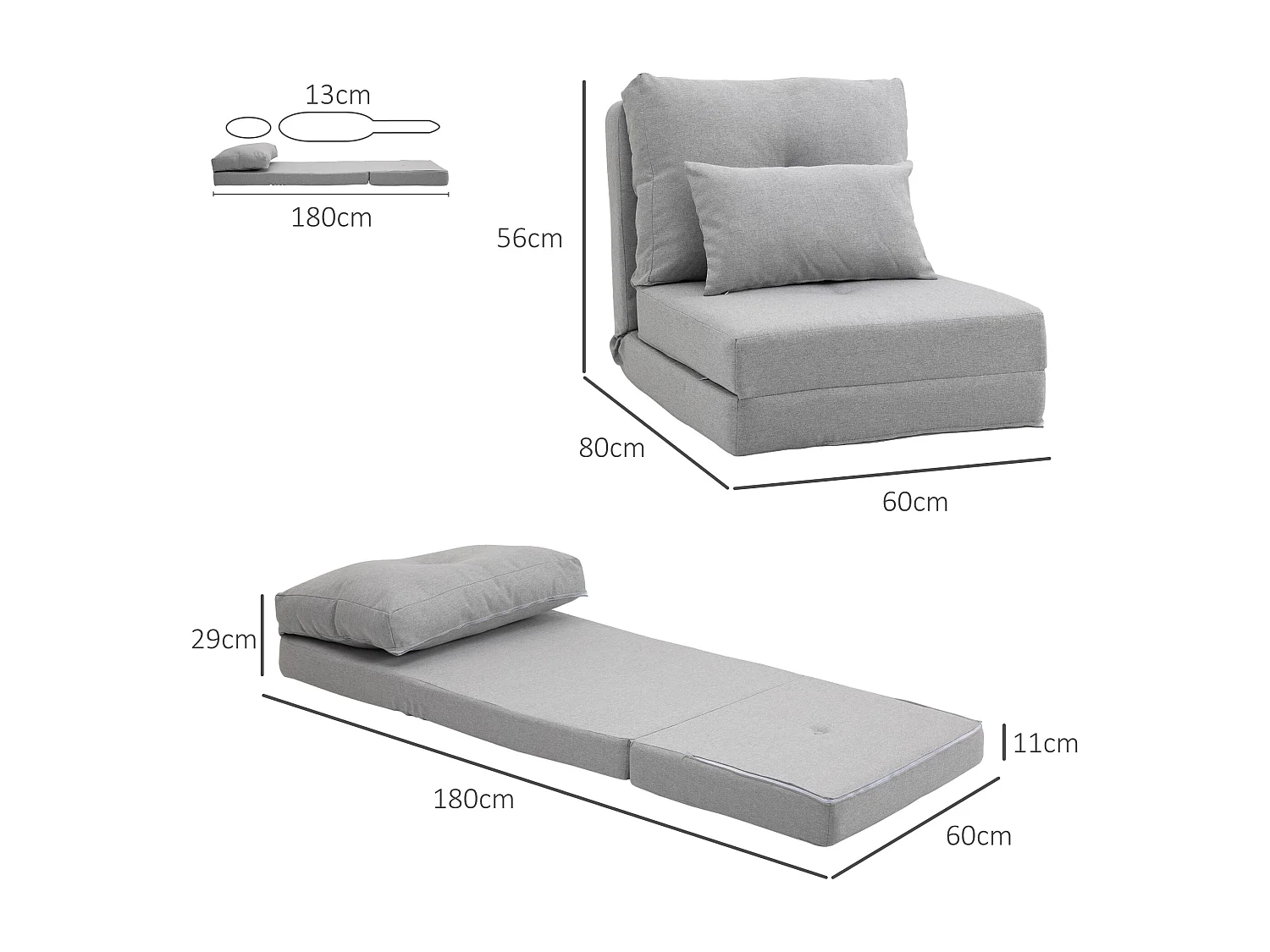 Poltrona letto 3 in 1 chaise longue e divano da terra grigio chiaro