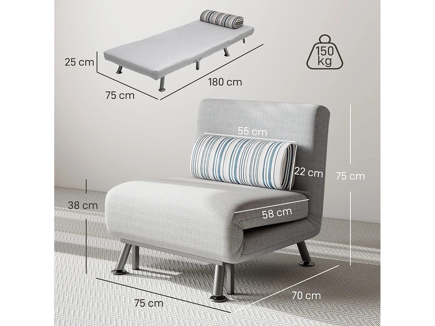 Poltrona Letto Singolo in Ferro e Cotone con Cuscino Grigio