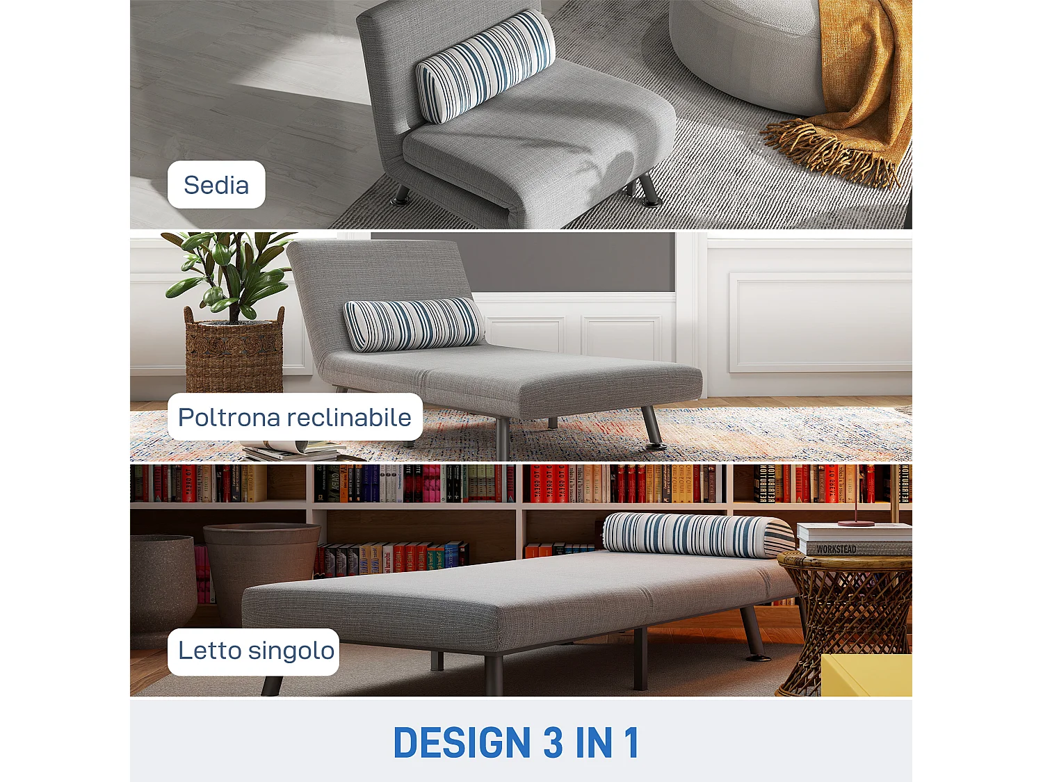 Poltrona Letto Singolo in Ferro e Cotone con Cuscino Grigio