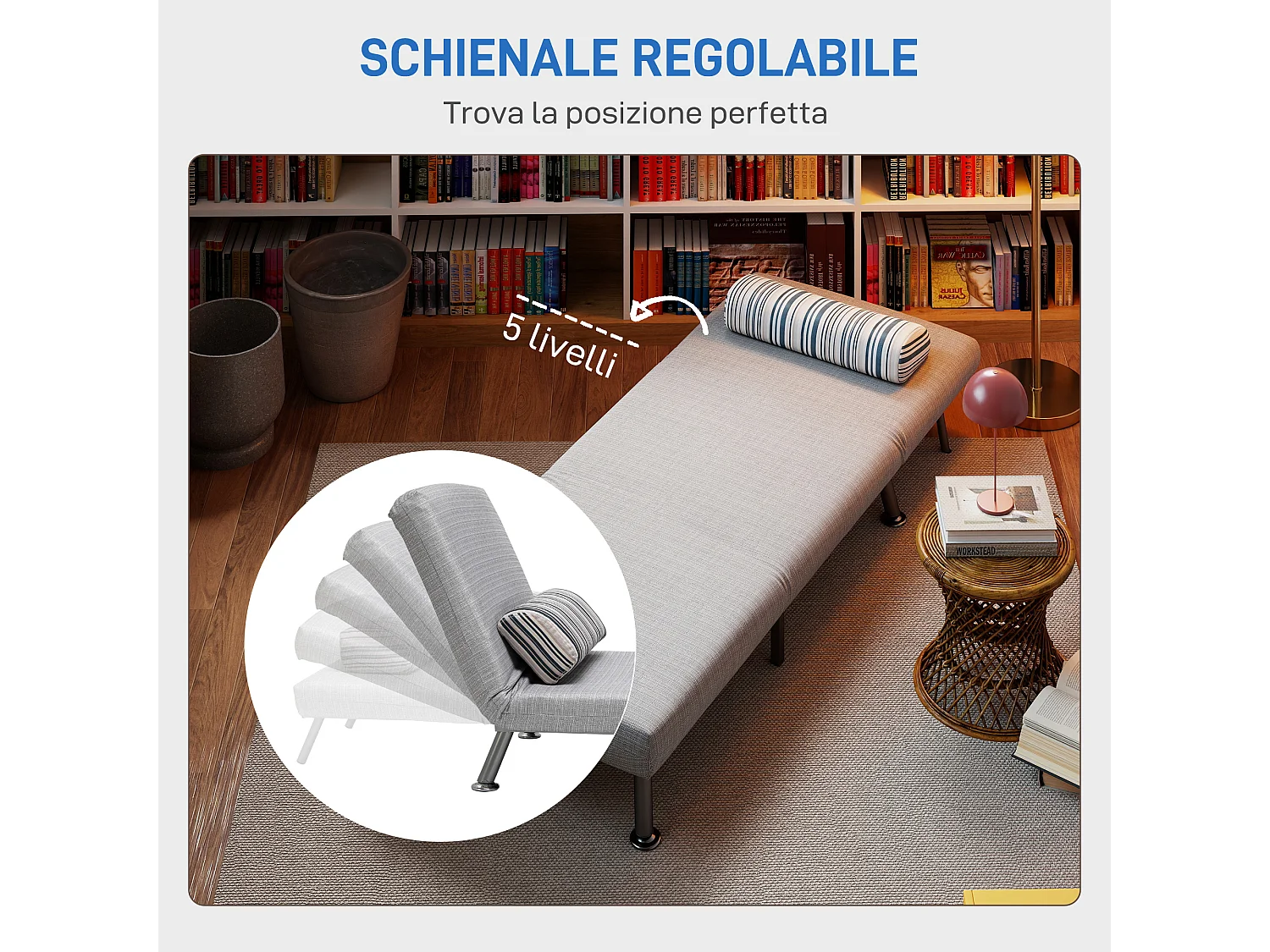 Poltrona Letto Singolo in Ferro e Cotone con Cuscino Grigio