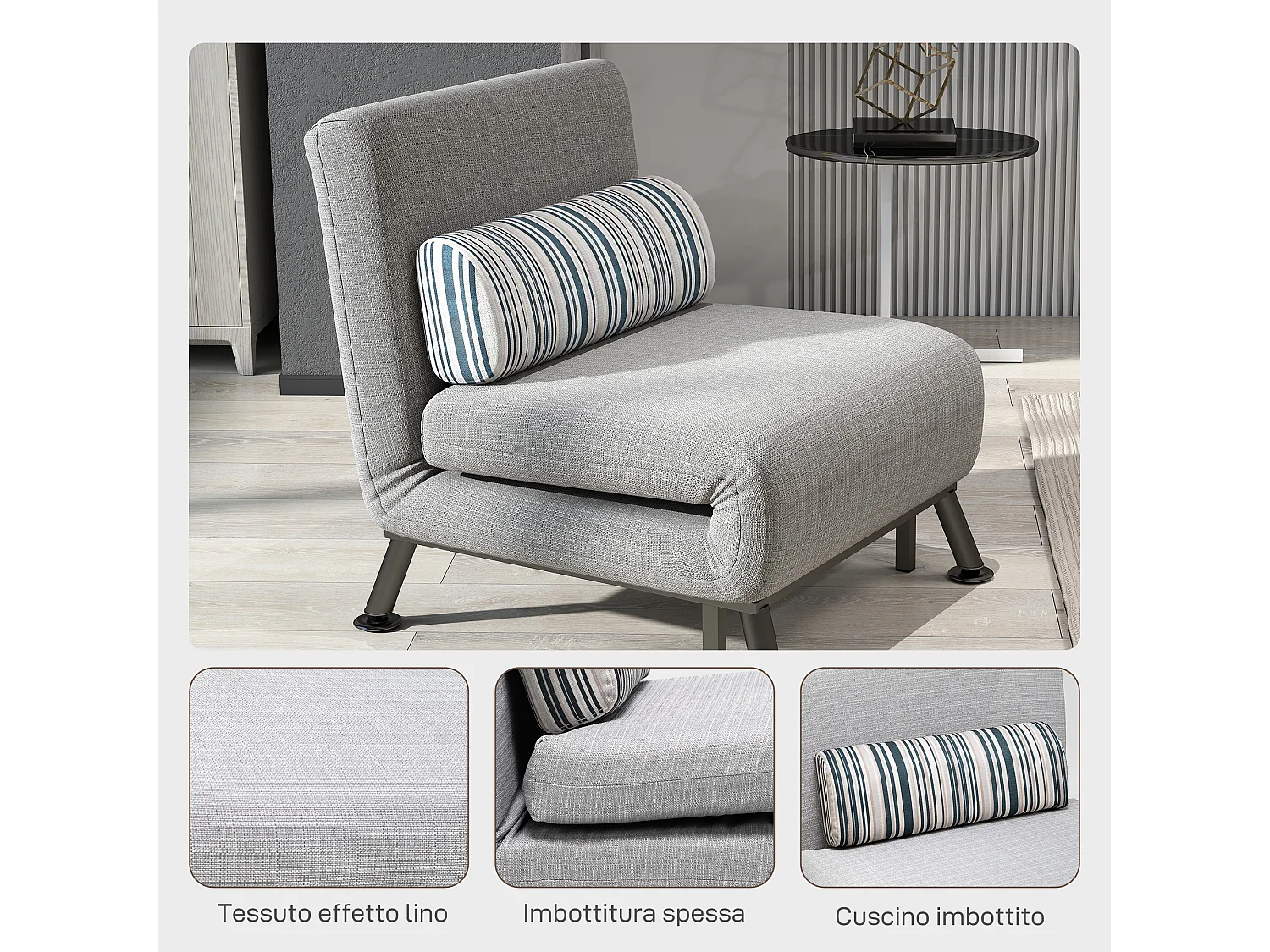 Poltrona Letto Singolo in Ferro e Cotone con Cuscino Grigio