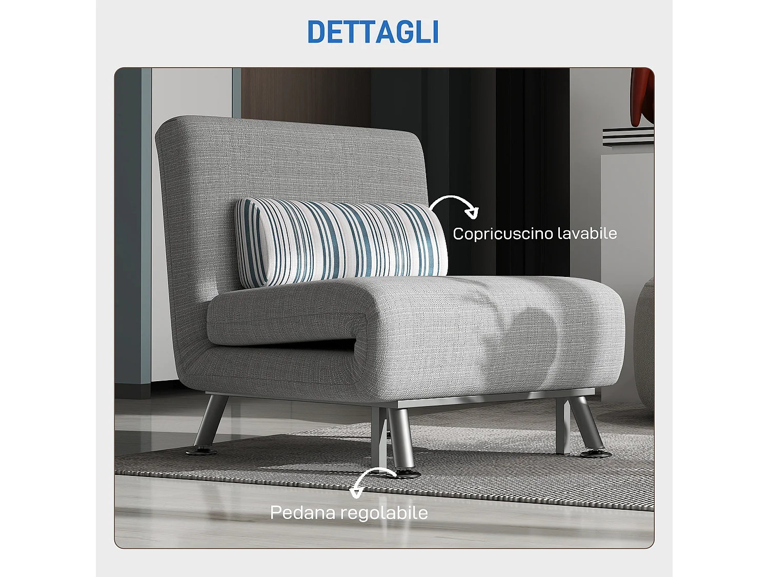 Poltrona Letto Singolo in Ferro e Cotone con Cuscino Grigio