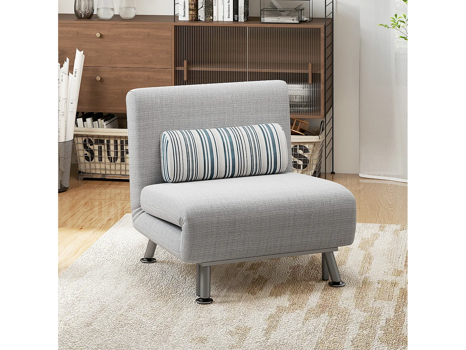 Poltrona Letto Singolo in Ferro e Cotone con Cuscino Grigio