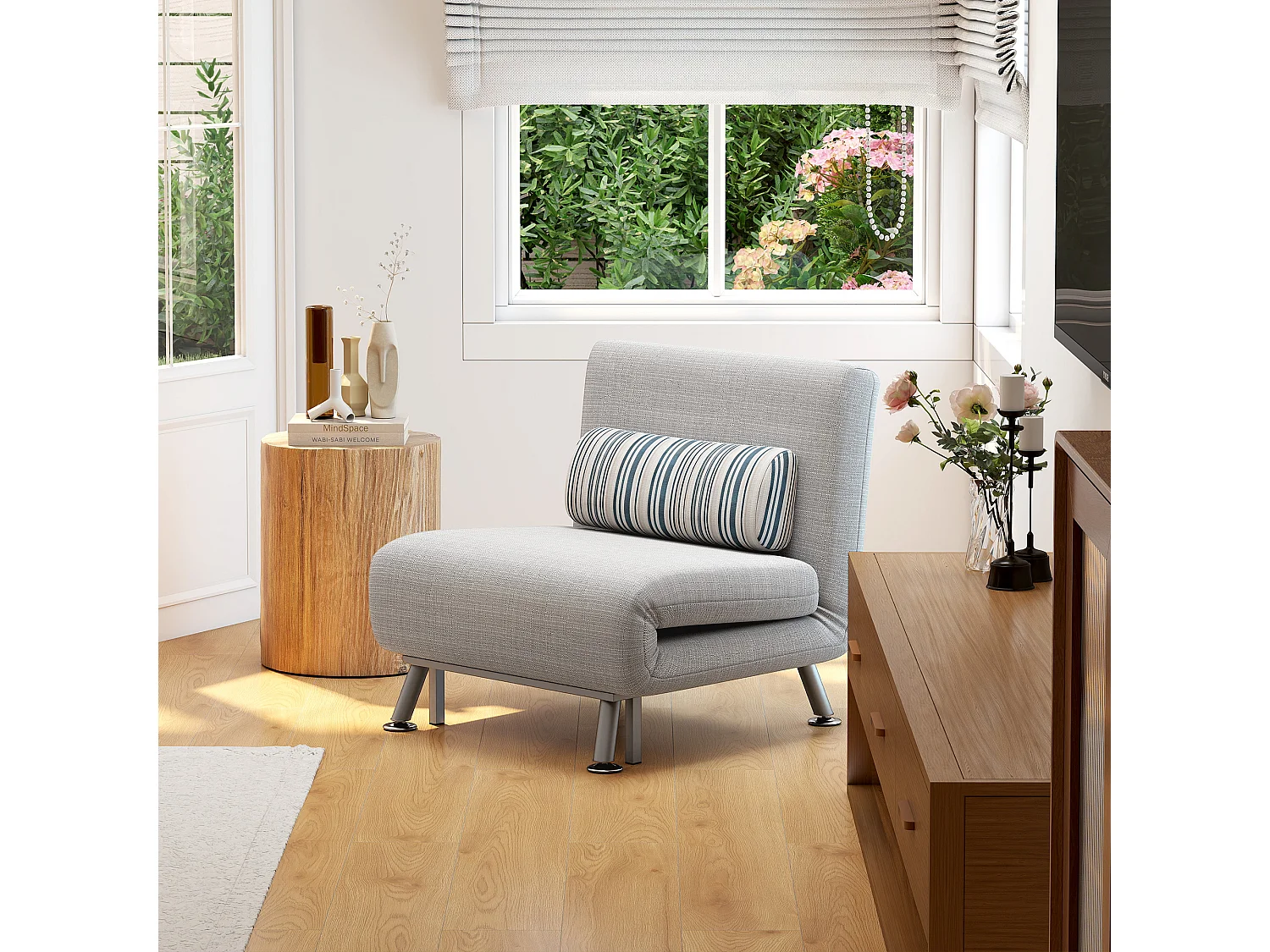 Poltrona Letto Singolo in Ferro e Cotone con Cuscino Grigio