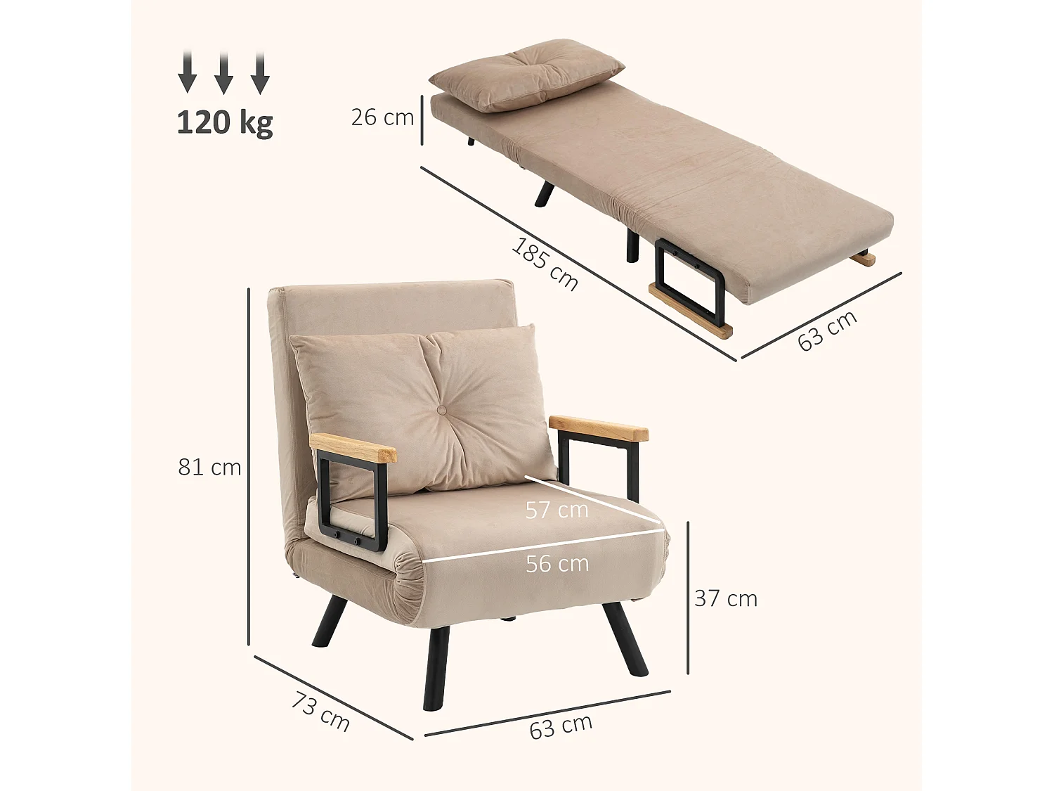 Poltrona letto 3 in 1 con schienale reclinabile e cuscino beige
