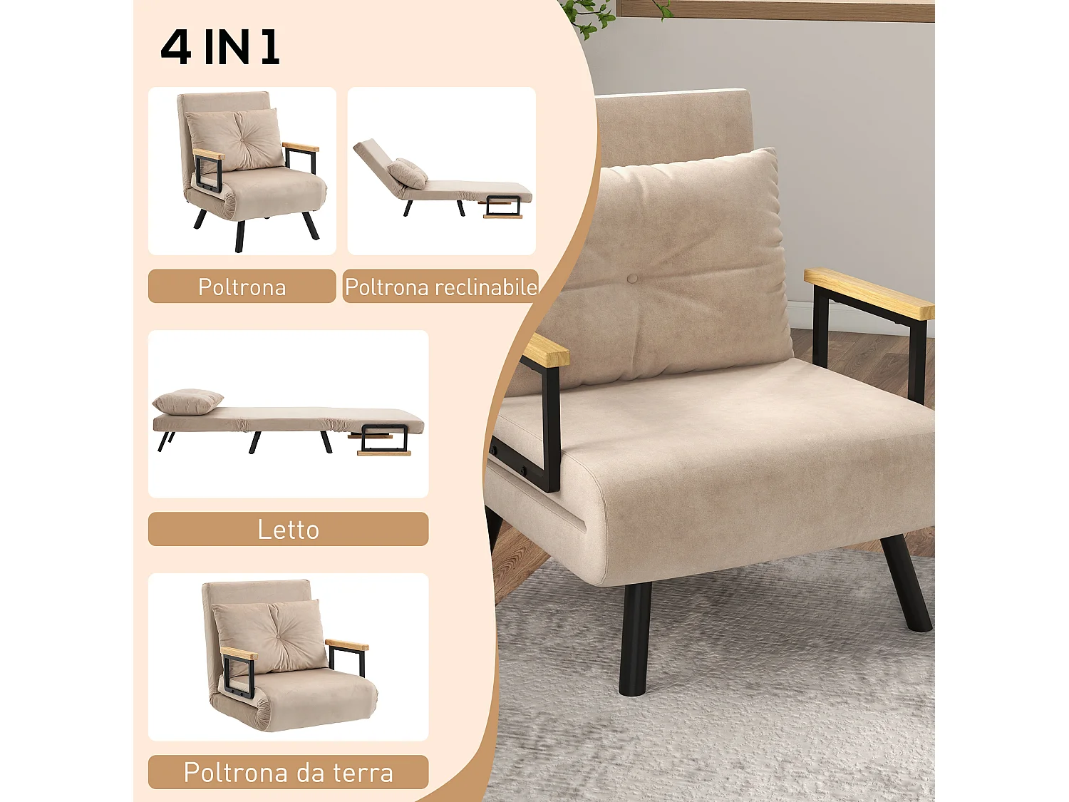 Poltrona letto 3 in 1 con schienale reclinabile e cuscino beige