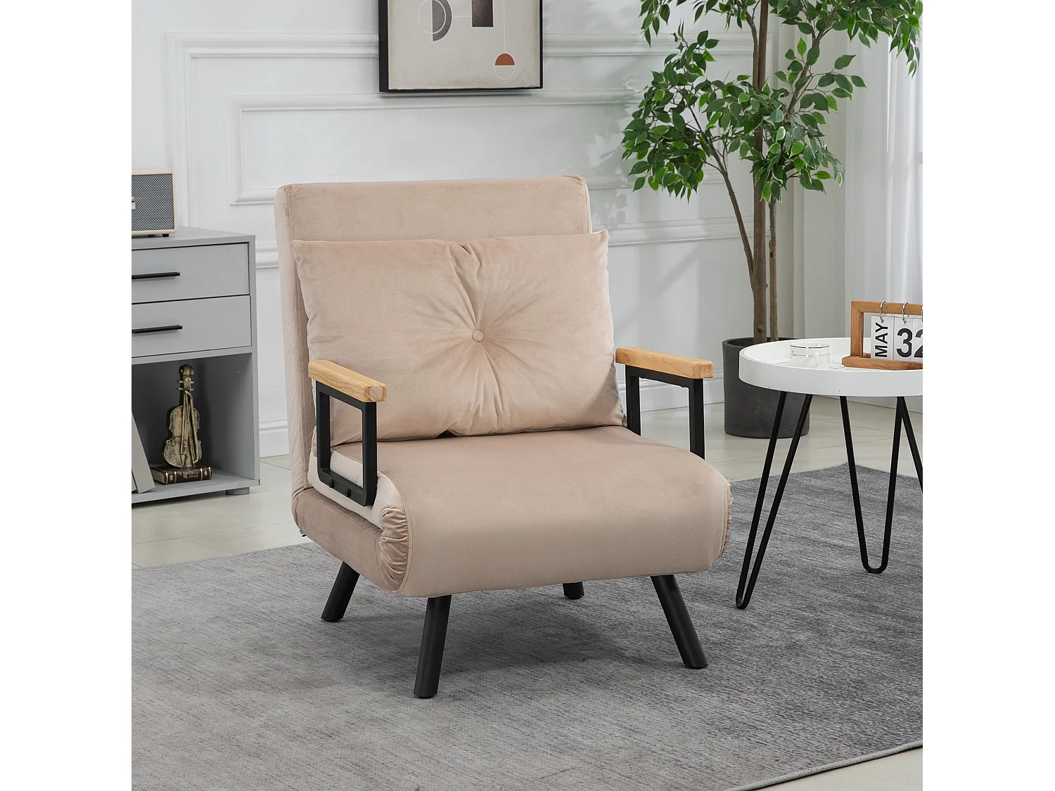 Poltrona letto 3 in 1 con schienale reclinabile e cuscino beige