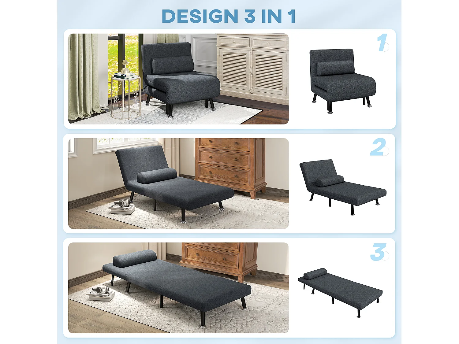 Poltrona letto 3 in 1 regolabile in tessuto effetto lino grigio scuro