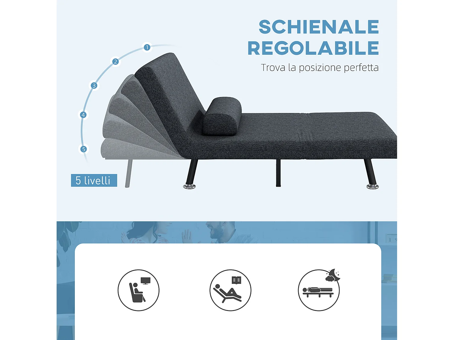Poltrona letto 3 in 1 regolabile in tessuto effetto lino grigio scuro