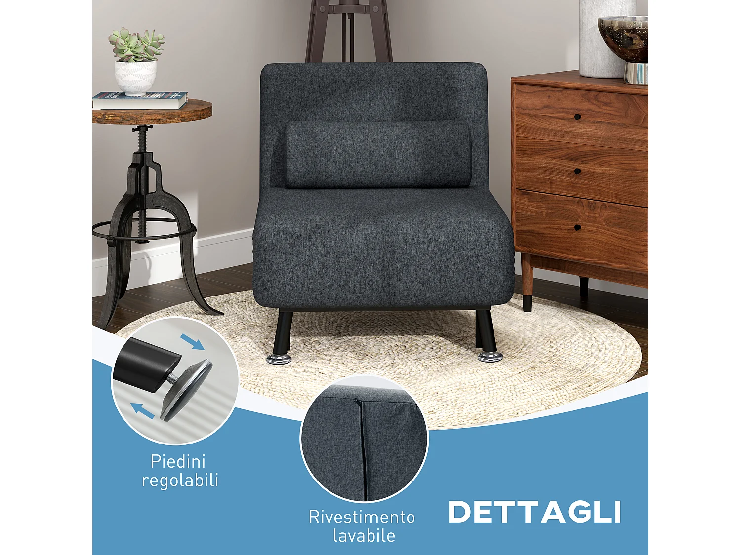Poltrona letto 3 in 1 regolabile in tessuto effetto lino grigio scuro