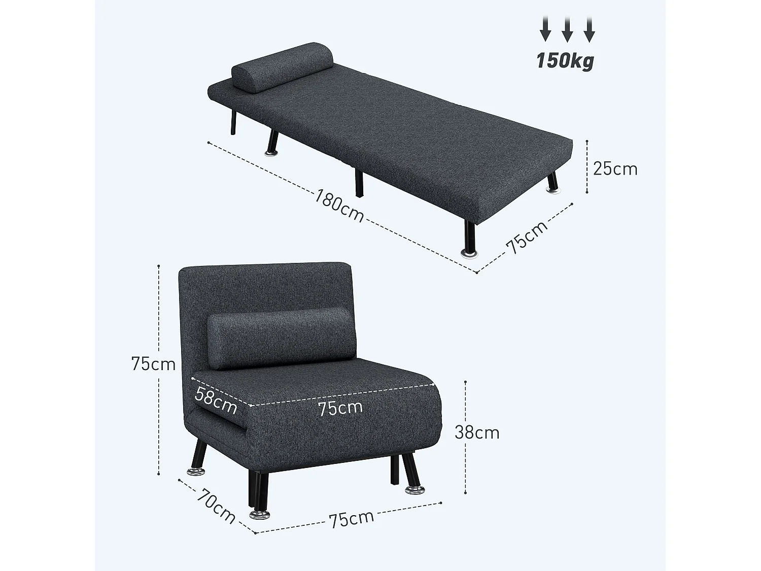 Poltrona letto 3 in 1 regolabile in tessuto effetto lino grigio scuro