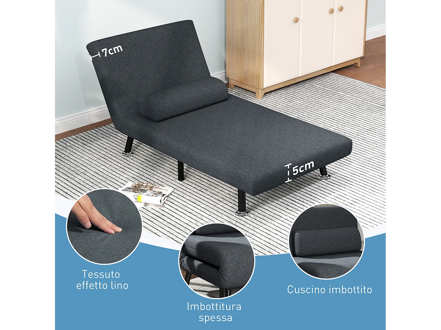 Poltrona letto 3 in 1 regolabile in tessuto effetto lino grigio scuro