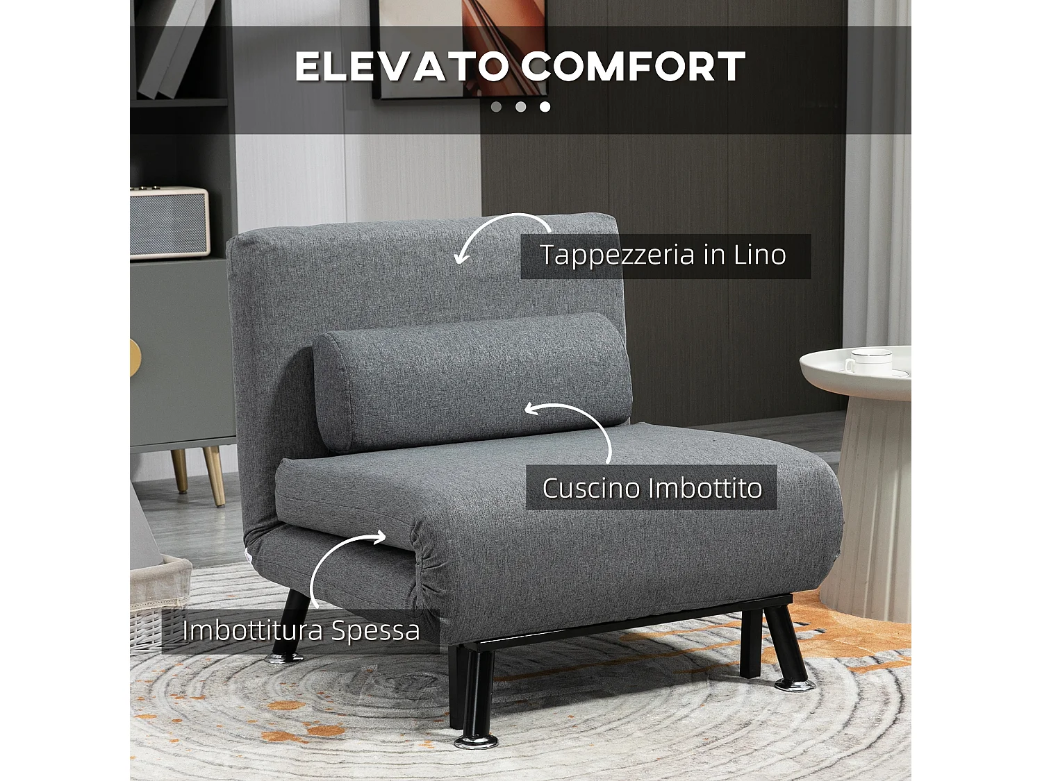 Poltrona letto con schienale regolabile in 5 posizioni grigio