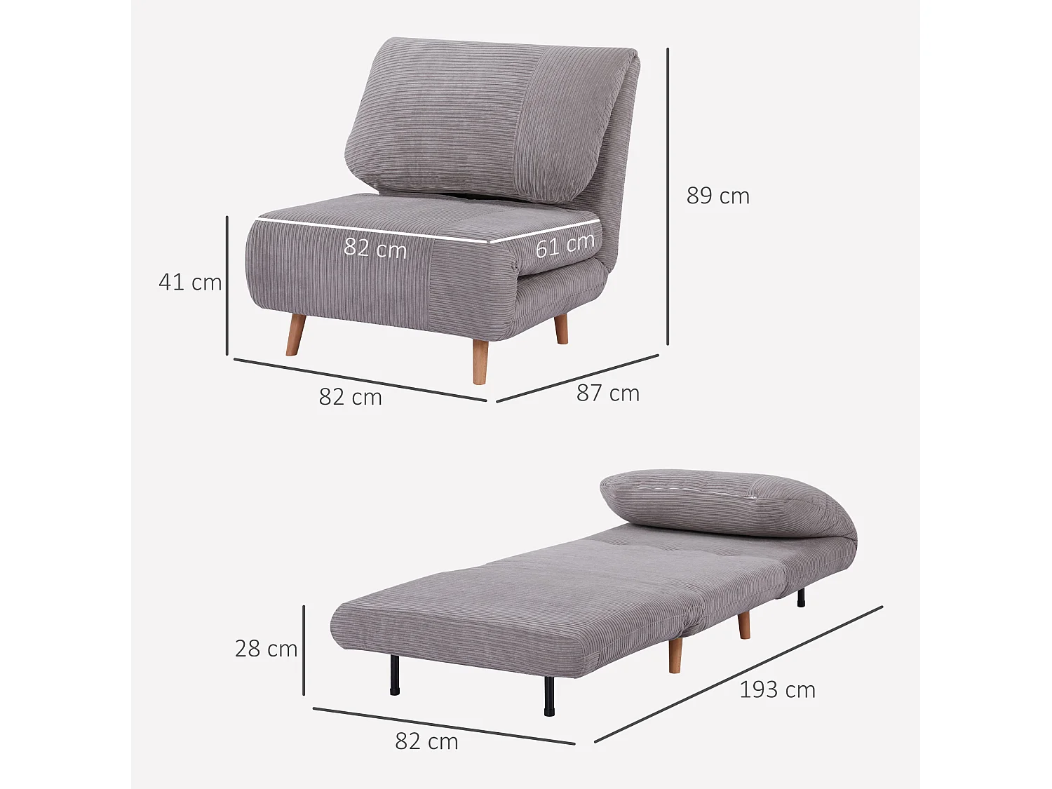 Poltrona letto 2 in 1 regolabile su 3 livelli seduta imbottita grigio